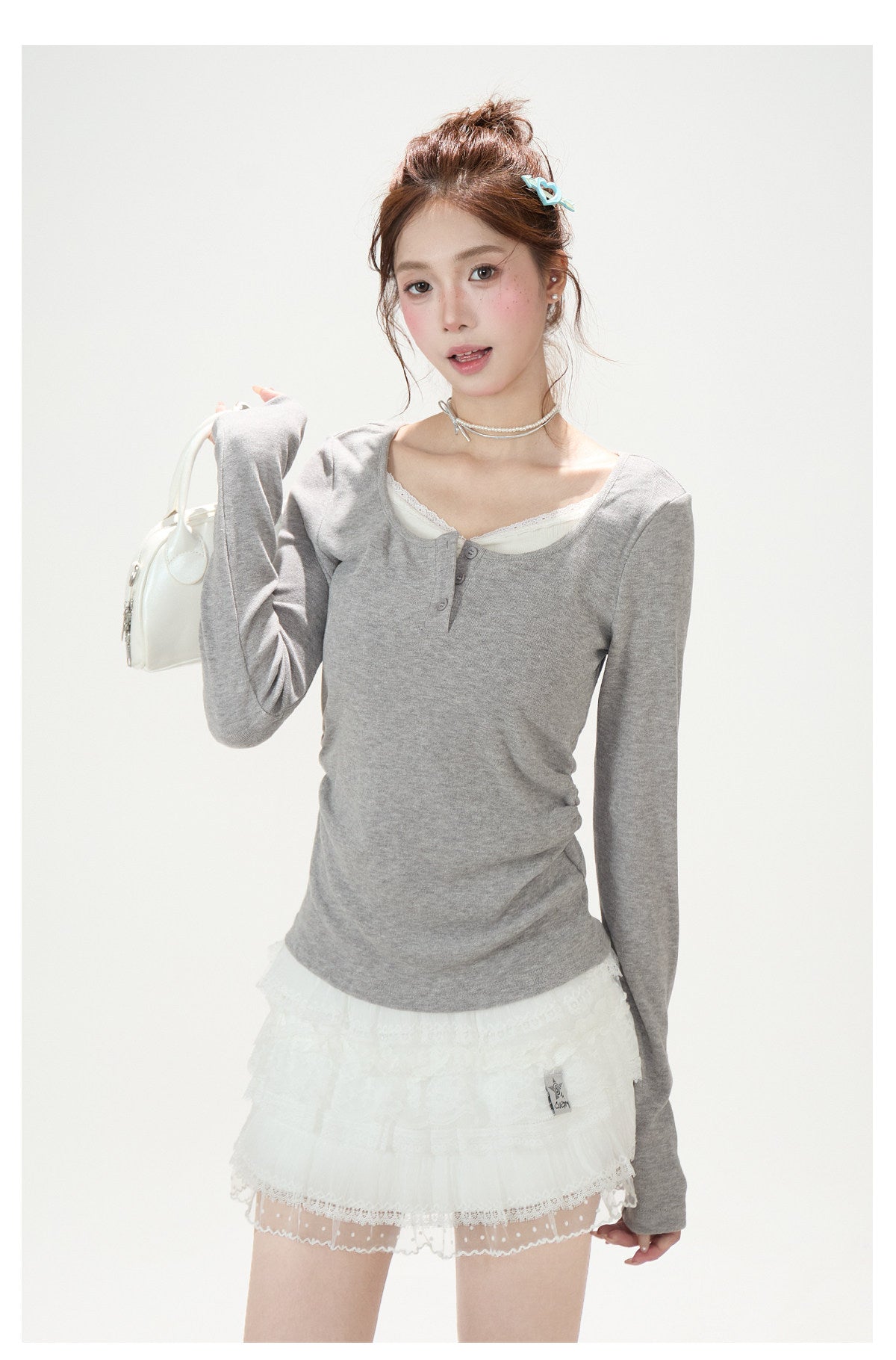 Faux-Layered V-Neck Long Sleeve Top & Ruffle Mini Skirt