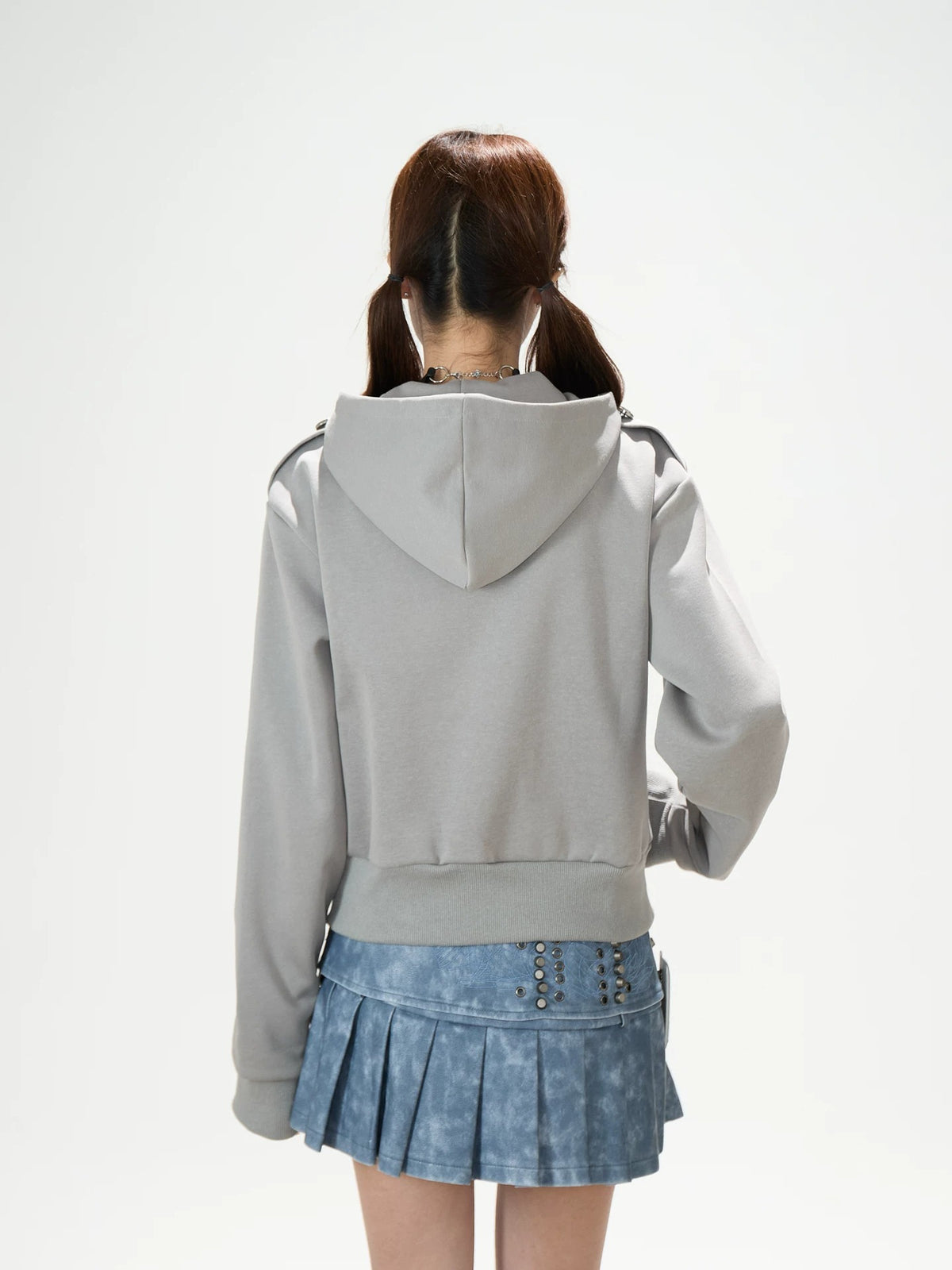 Utility Button Zip-Up Hoodie & Blue Pleated Mini Skirt
