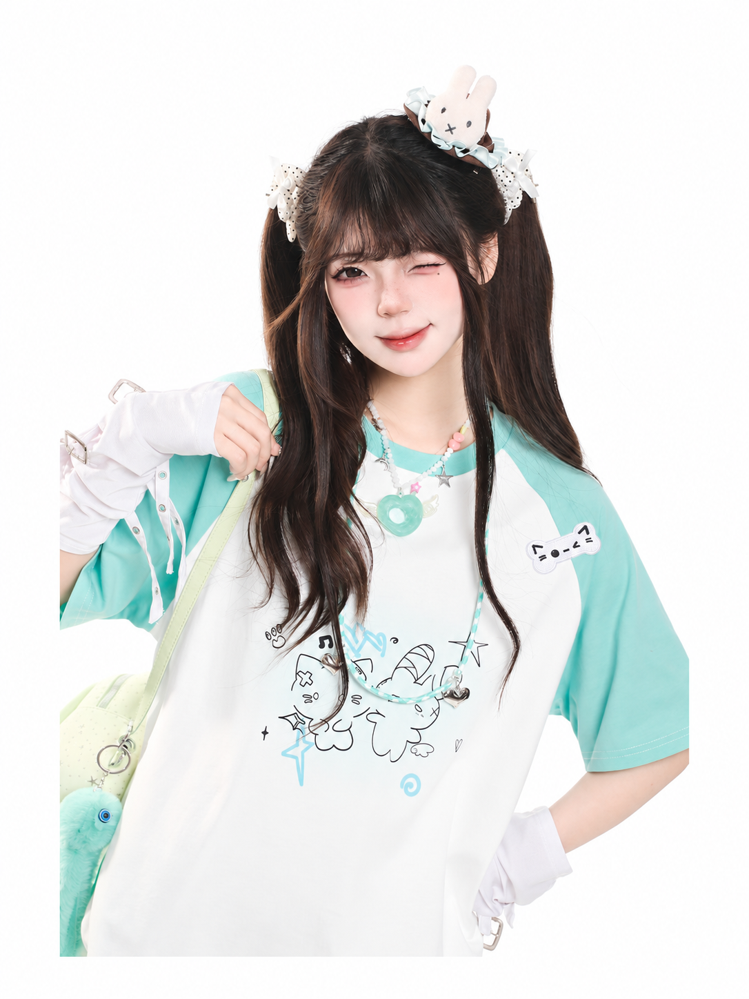 Kitty Sketch Colorblock Raglan Oversized Tee