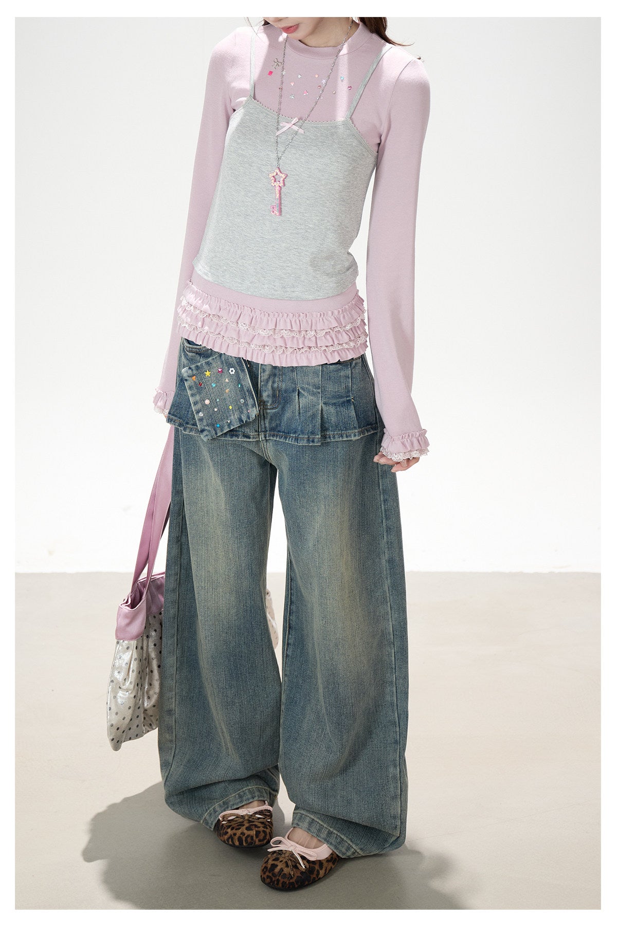 Gray Pink Layered Lace Ruffle Long Sleeve Top