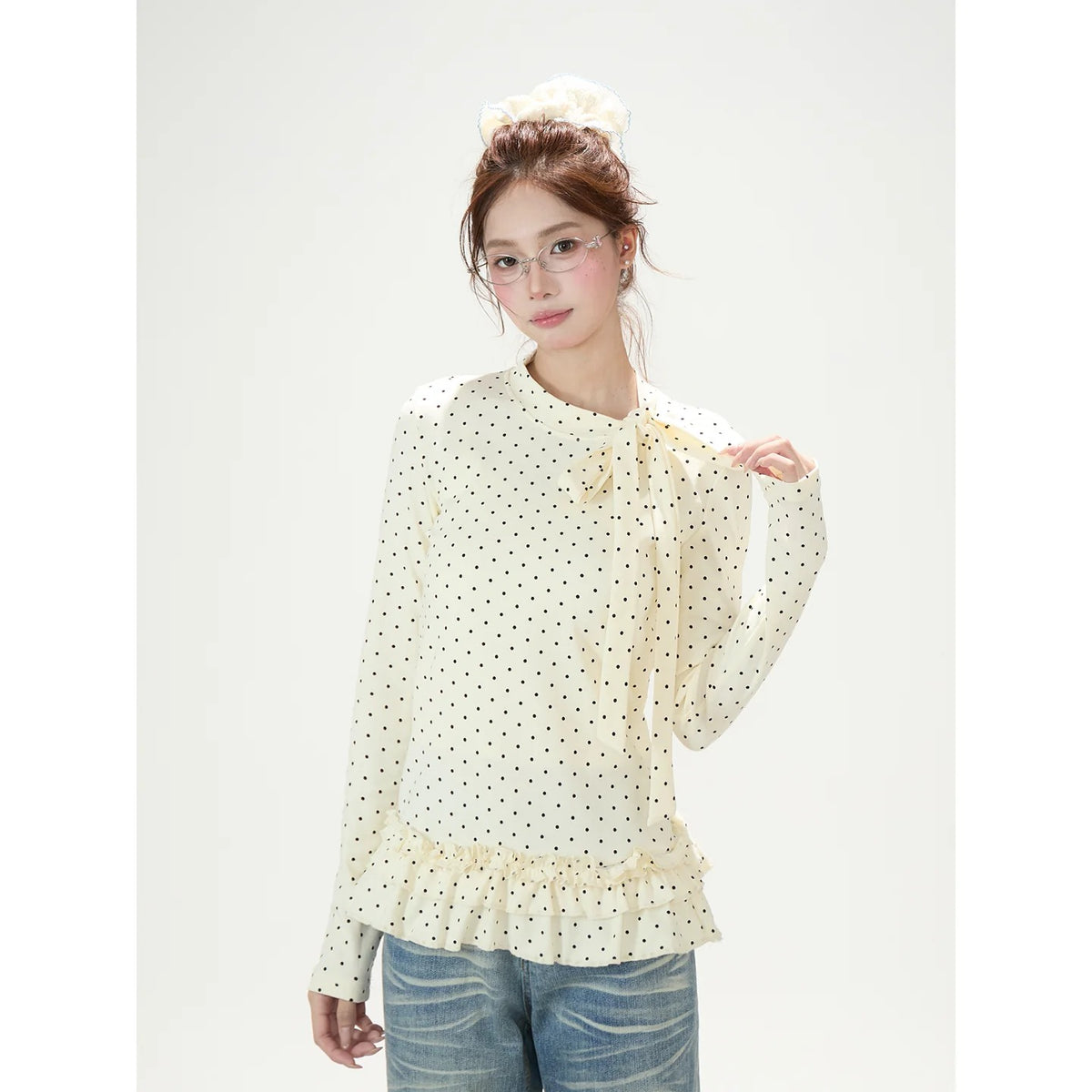 Polka-Dot Bow Ruffle-Hem Long Sleeve Top & Washed Flare Jeans