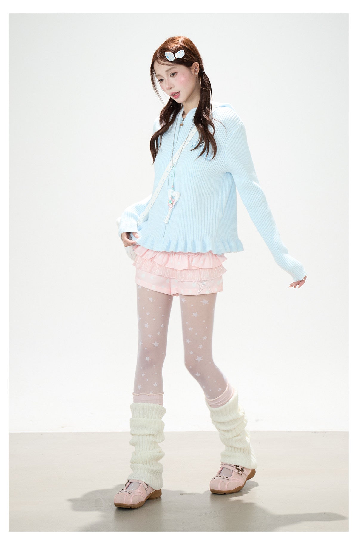 Cat-Ear Hooded Knit Zip Cardigan & Pink Ruffle Shorts