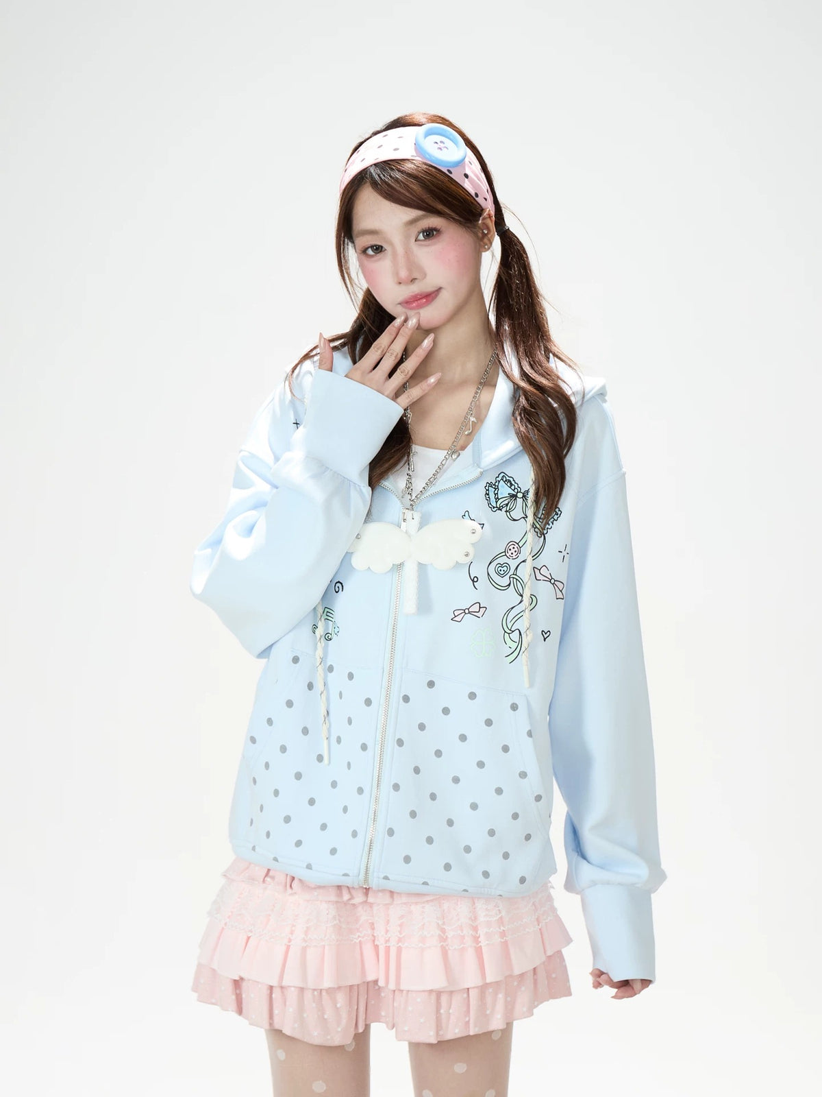 Hand-Drawn Polka-Dot Zip-Up Hoodie & Pink Ruffle Mini Skirt