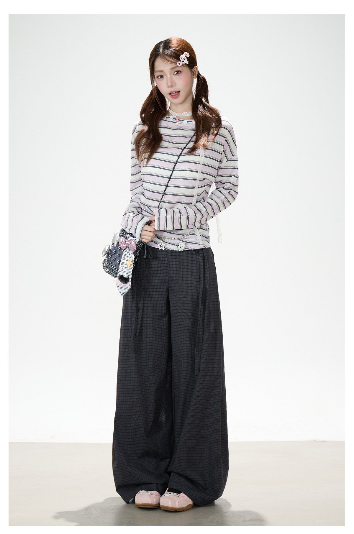 Striped Off-Shoulder Long Sleeve Top & Black Wide-Leg Pants