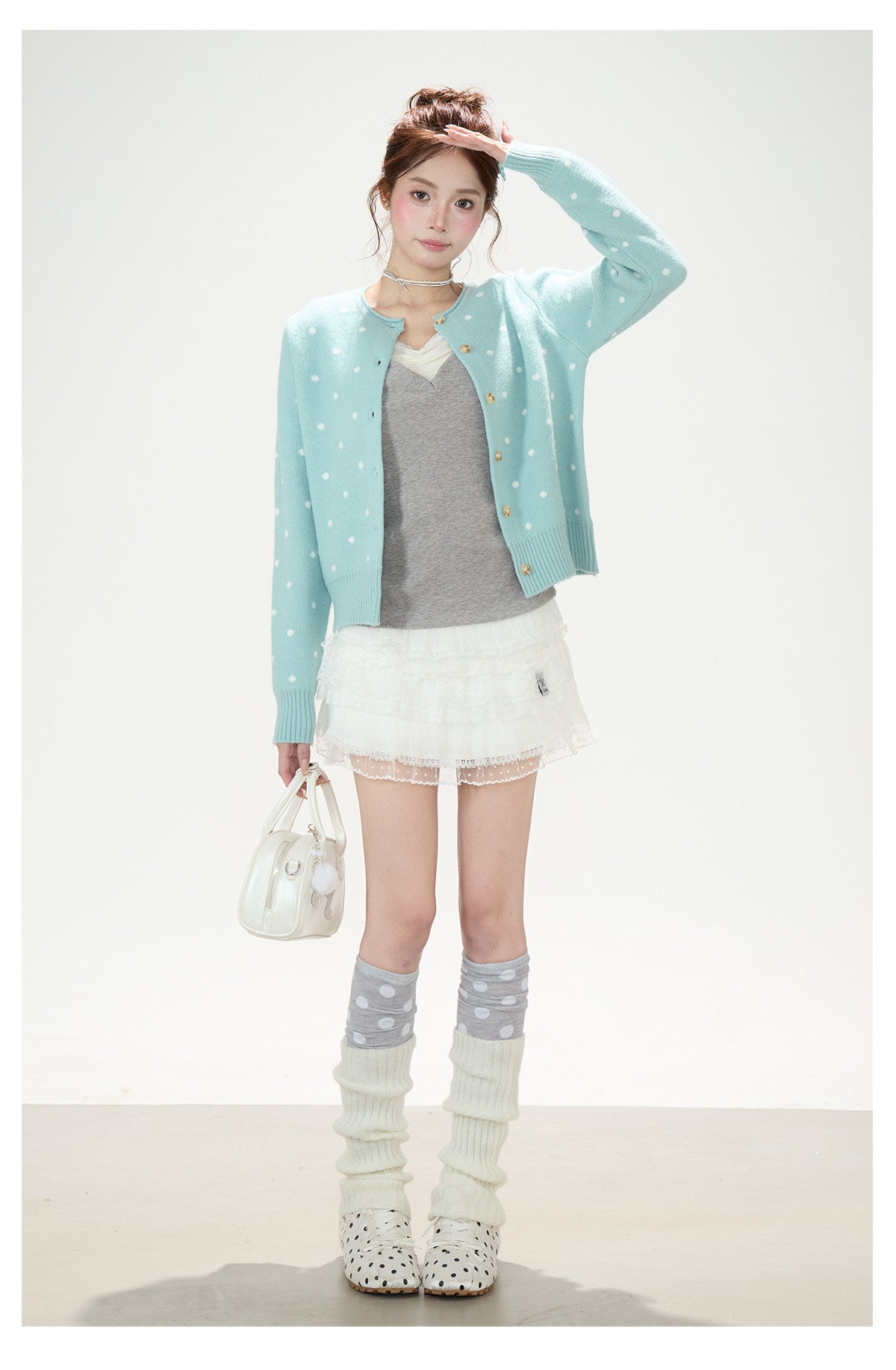 Polka-Dot Jacquard Knit Cardigan & Washed Flare Jeans