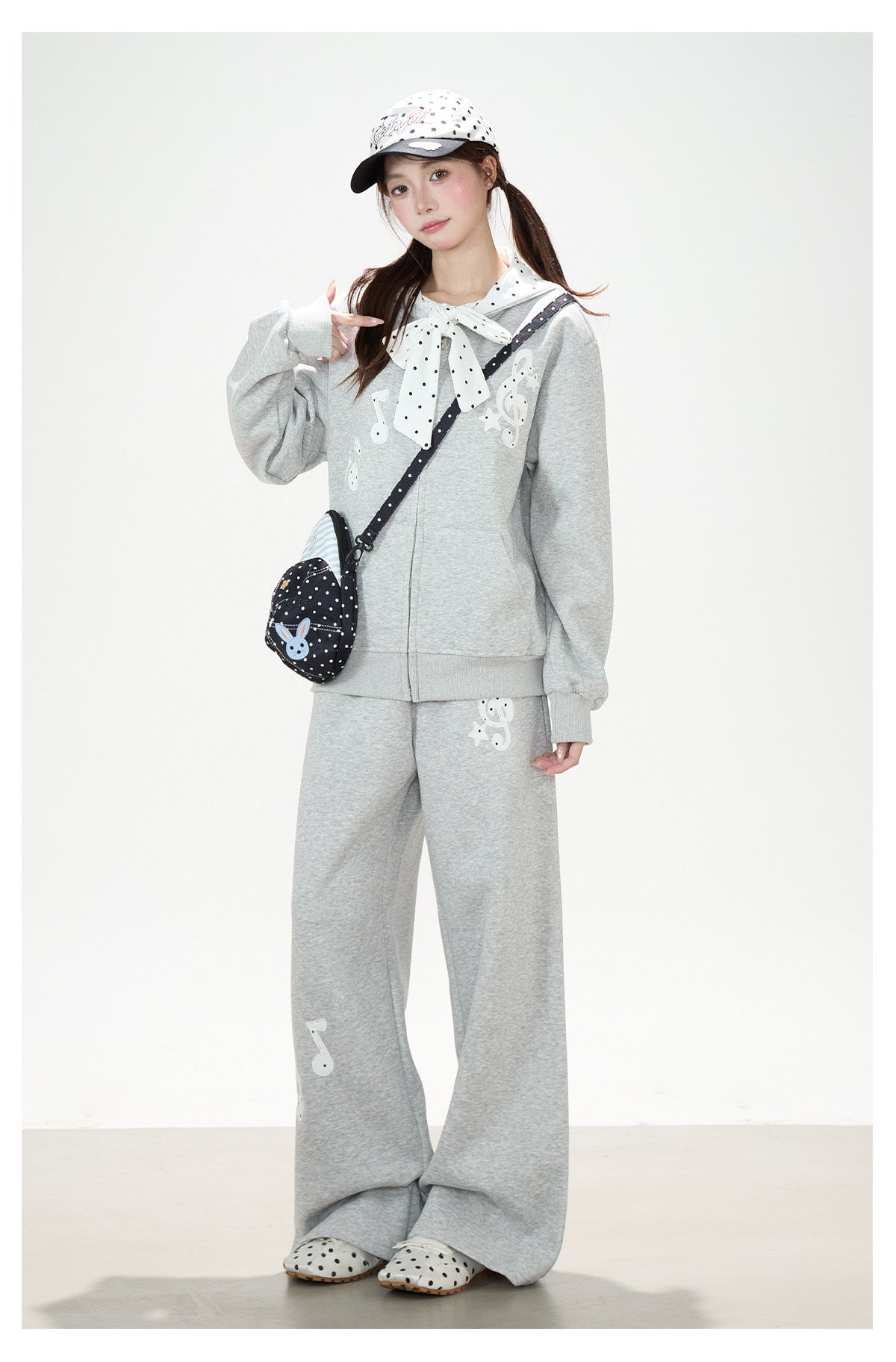 Music Note Polka-Dot Bow Zip-Up Hoodie & Gray Wide-Leg Pants