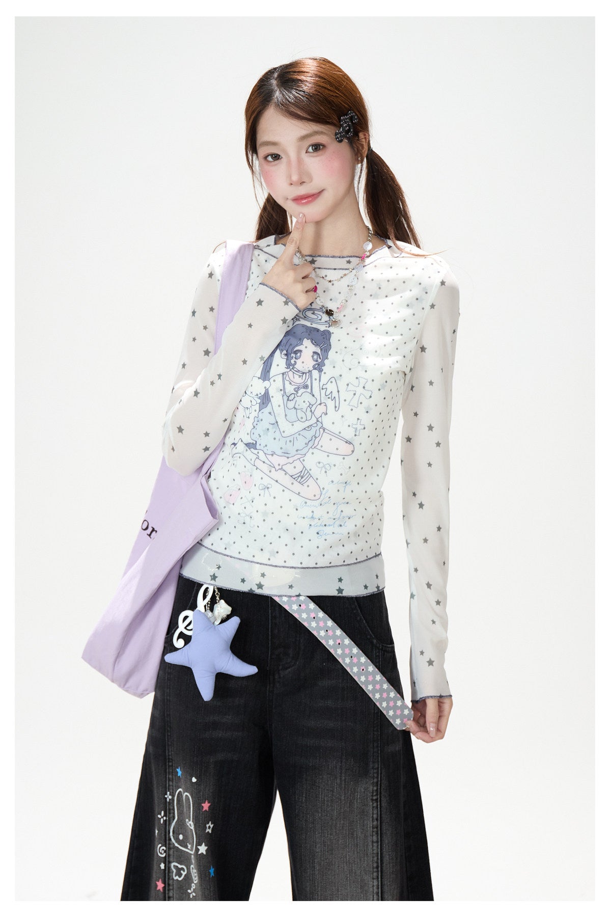 Anime Star Polka-Dot Mesh Long Sleeve Top & Bunny Graphic Wide-Leg Jeans
