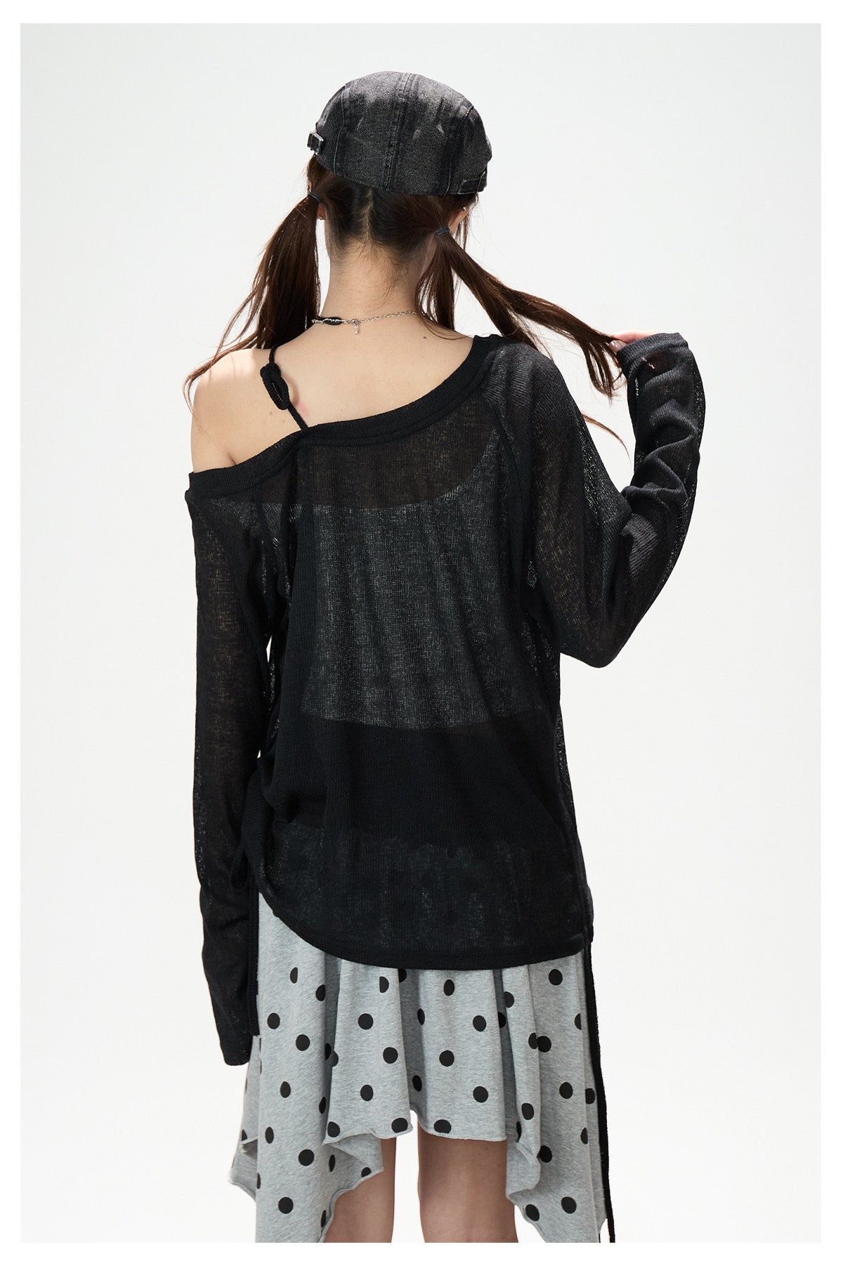 Dark Graffiti Off-Shoulder Long Sleeve Top & Asymmetric Polka-Dot Mini Skirt
