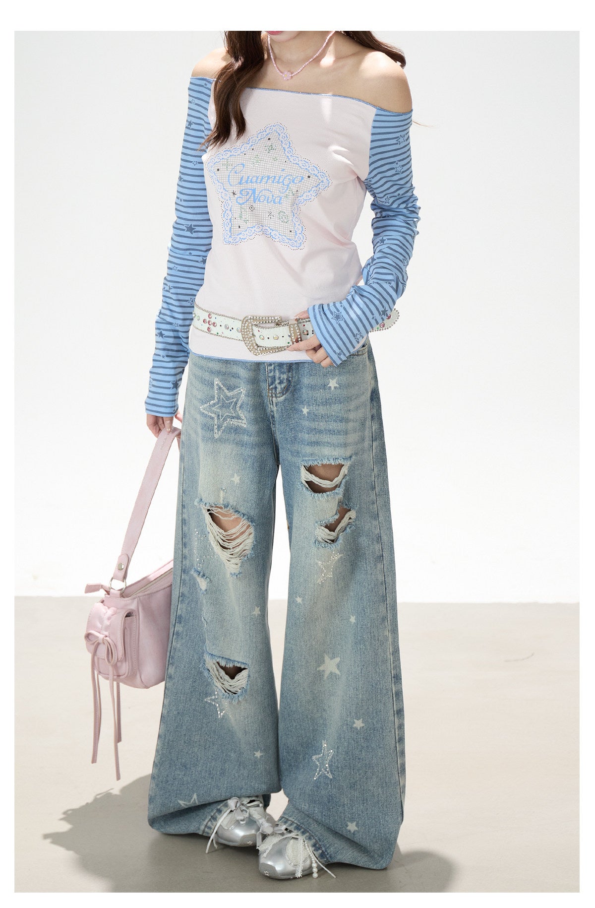 Star Stripe Off-Shoulder Long Sleeve Top & Graphic Star Wide-Leg Pants