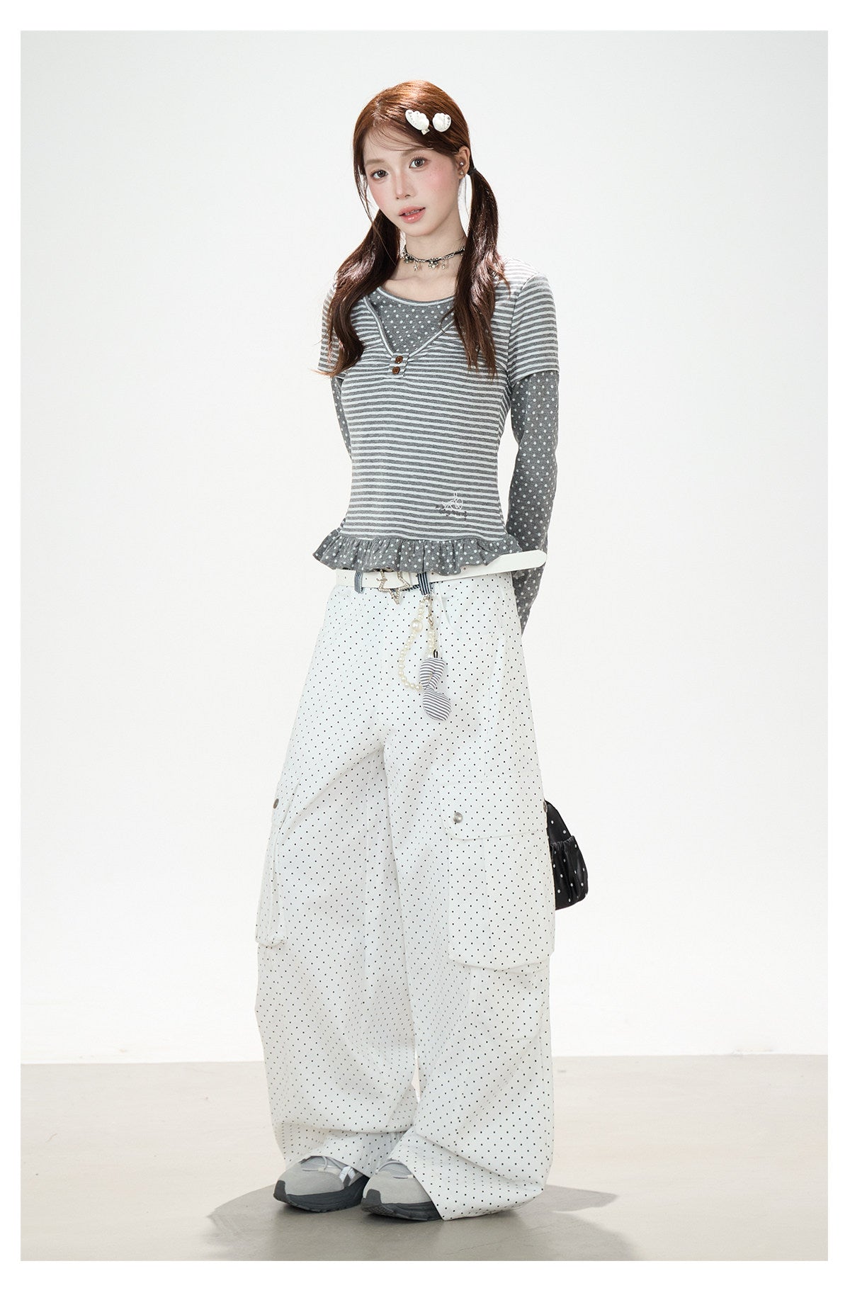 Polka-Dot Stripe Layered Long Sleeve Top & Embroidered Khaki Wide-Leg Cargo Pants