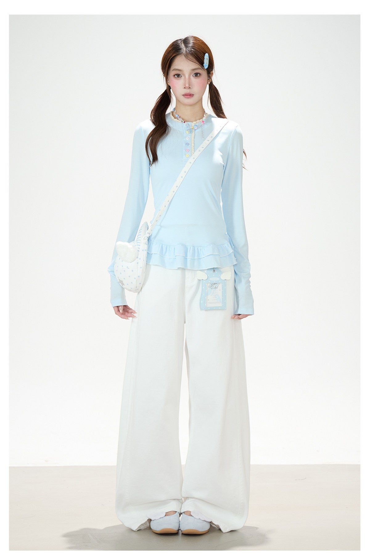 Ruffle Hem Button Long Sleeve Top & White Wide-Leg Pants