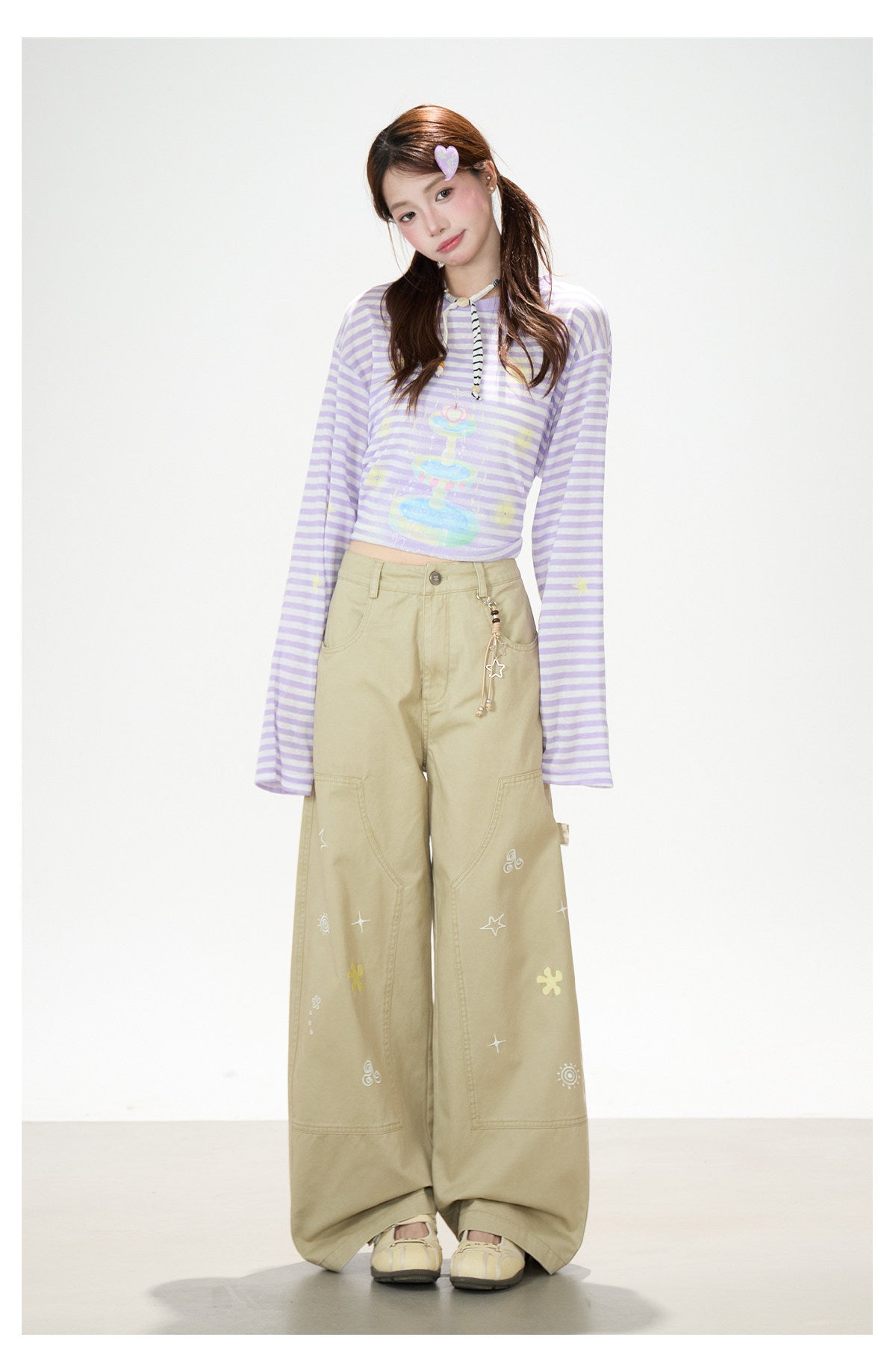 Khaki Embroidered Wide-Leg Cargo Pants