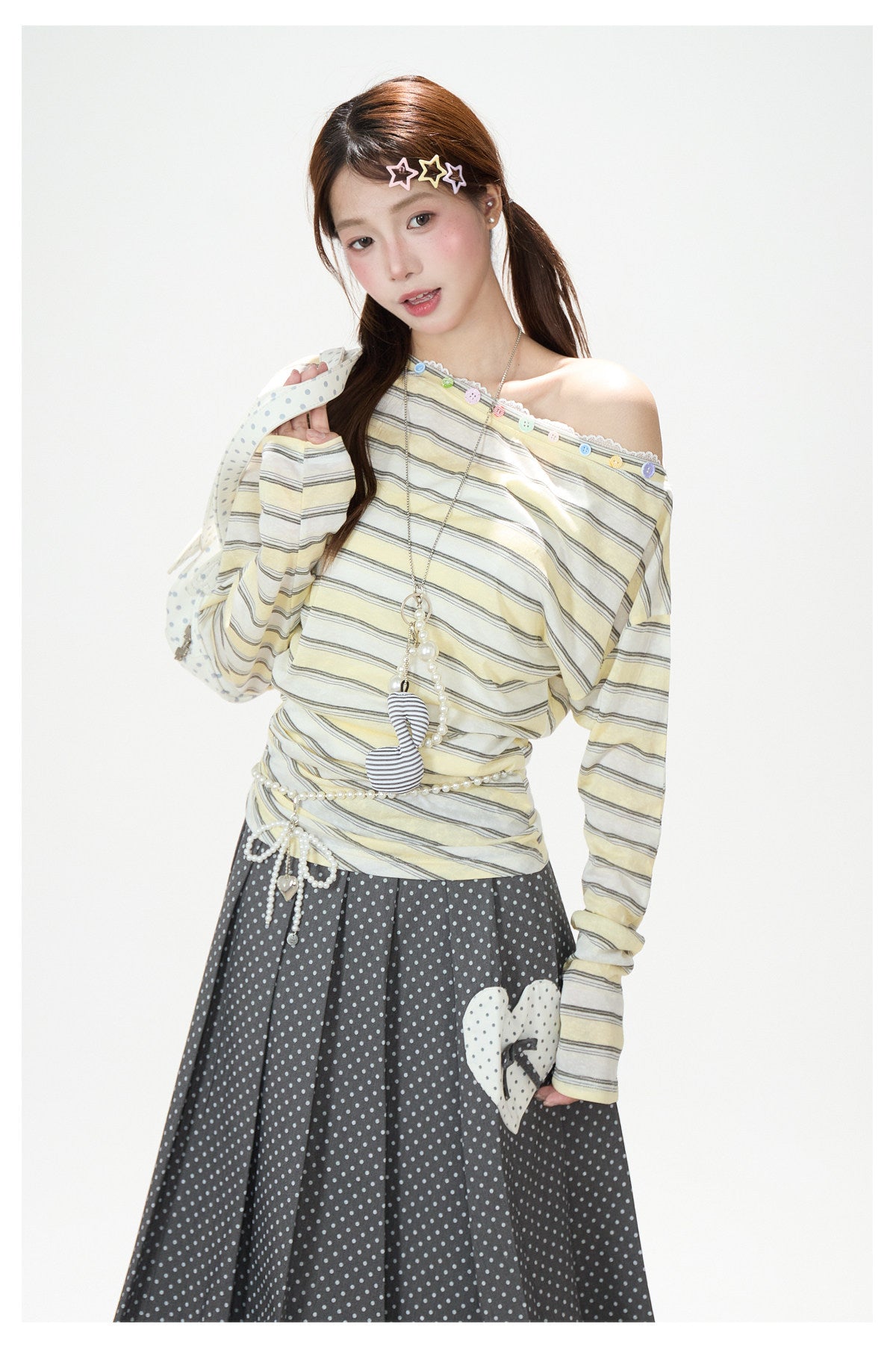 Striped Off-Shoulder Long Sleeve Top & Polka-Dot Midi Skirt