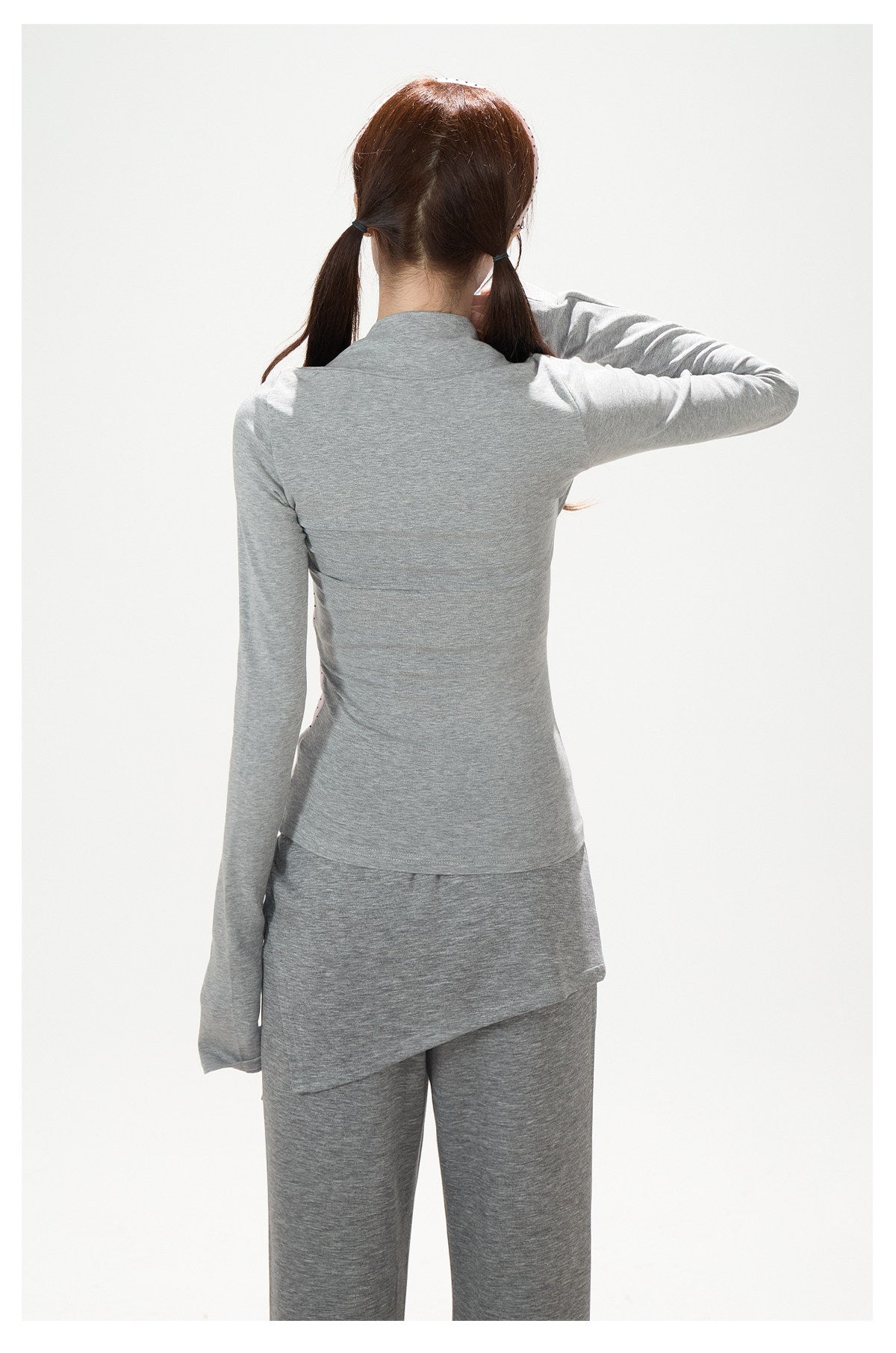 Polka-Dot Layered Cami Long Sleeve Top & Gray Ruffle Shorts