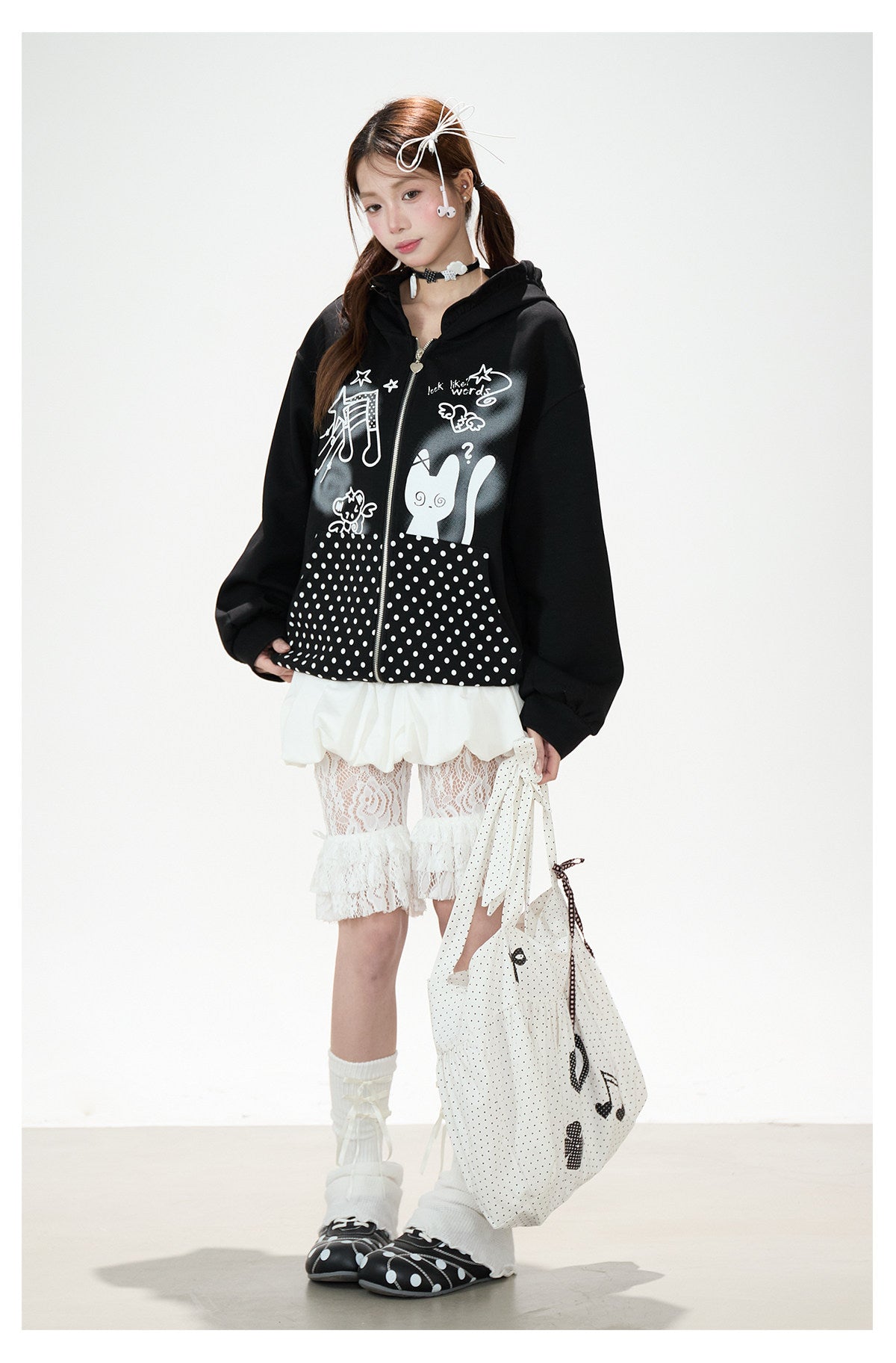 Cartoon Polka-Dot Zip-Up Hoodie & Star Print Shorts