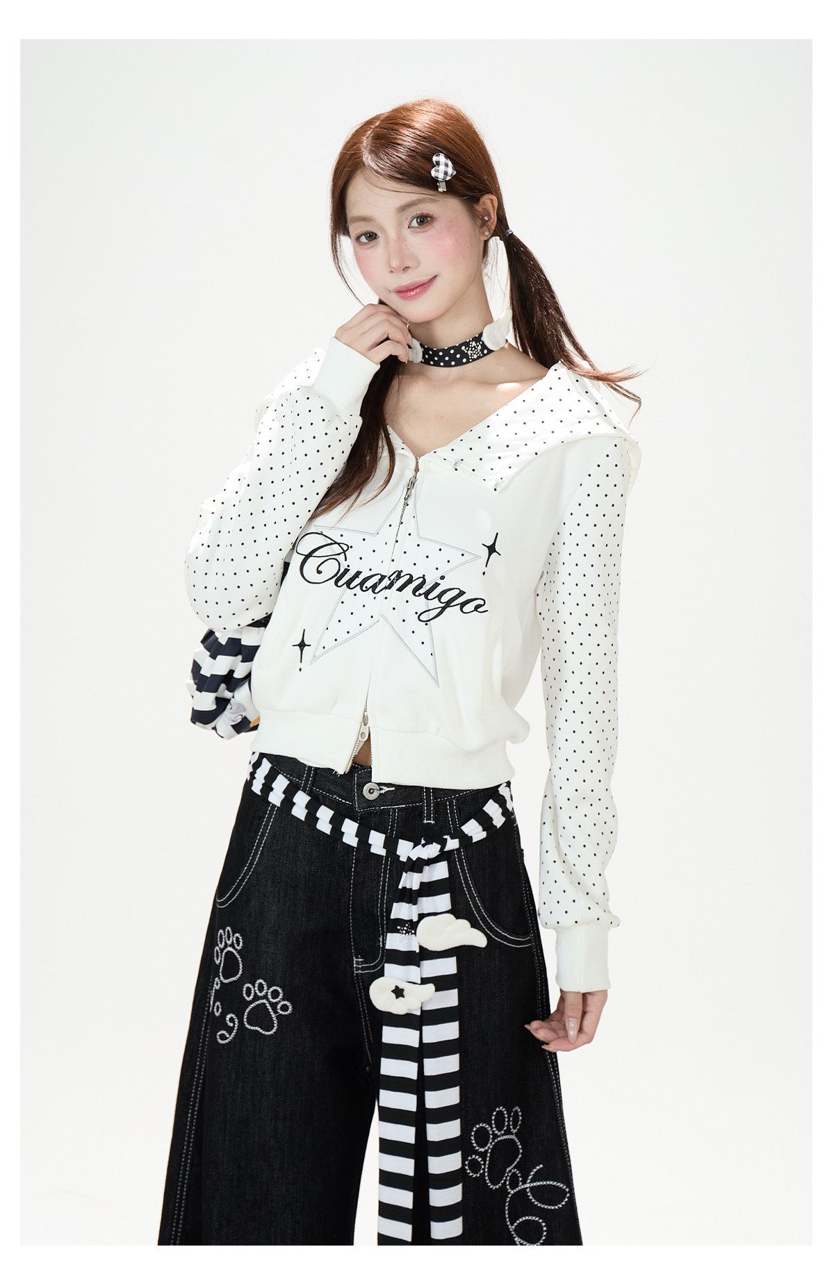 Star Polka-Dot Cropped Zip-Up Hoodie & Gray Wide-Leg Sweatpants