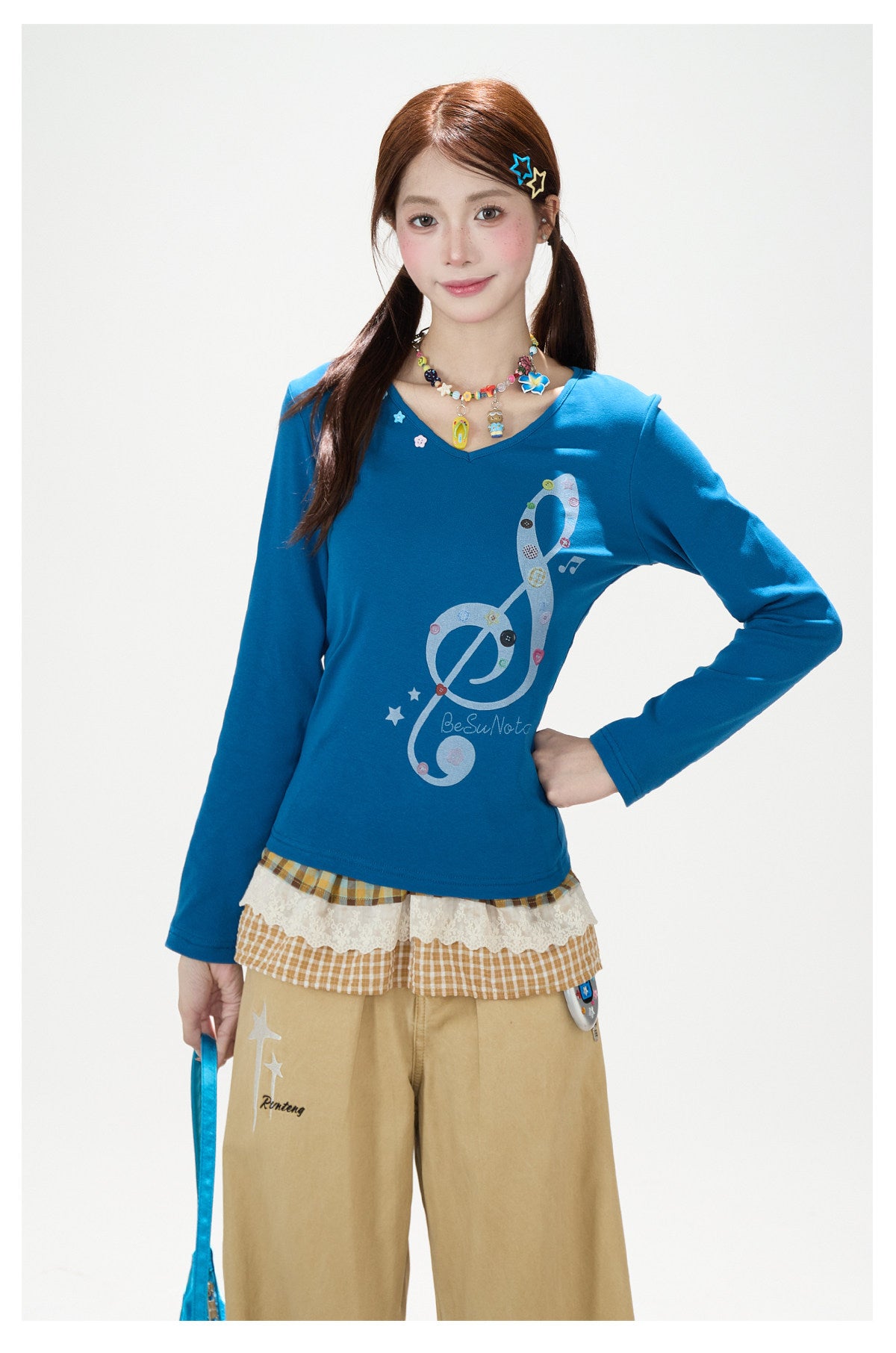Music Note Star Button V-Neck Long Sleeve Top & Pink Stripe Wide-Leg Pants