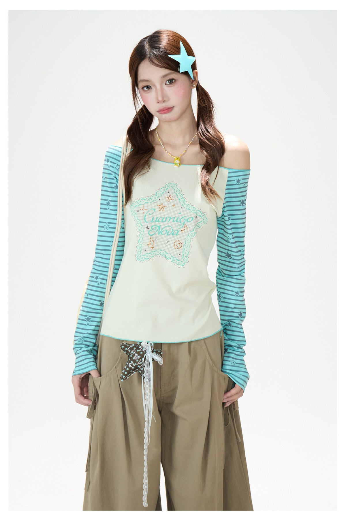 Star Stripe Off-Shoulder Long Sleeve Top & Graphic Star Wide-Leg Pants