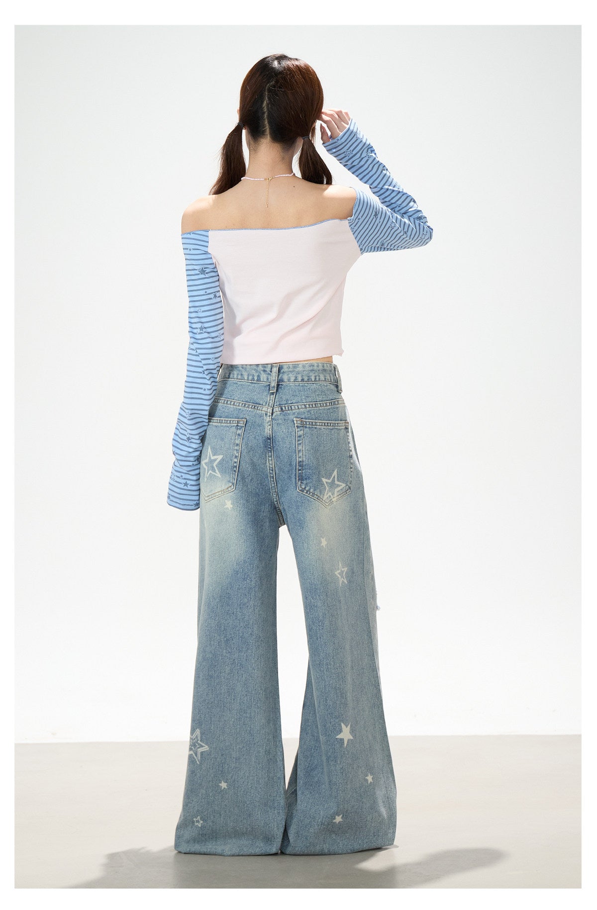 Star Stripe Off-Shoulder Long Sleeve Top & Graphic Star Wide-Leg Pants