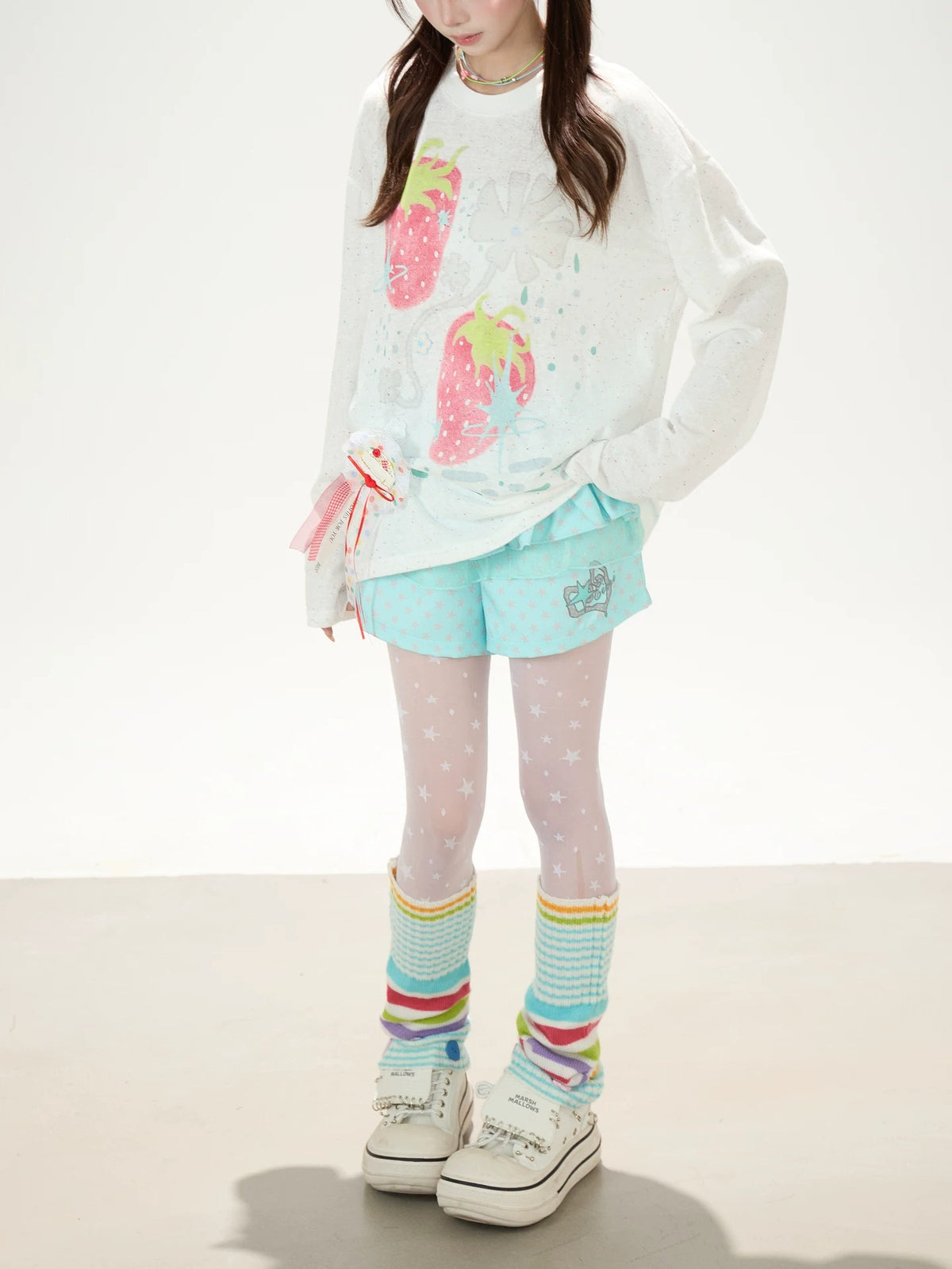 Strawberry Doodle Long Sleeve Tee & Aqua Polka-Dot Shorts
