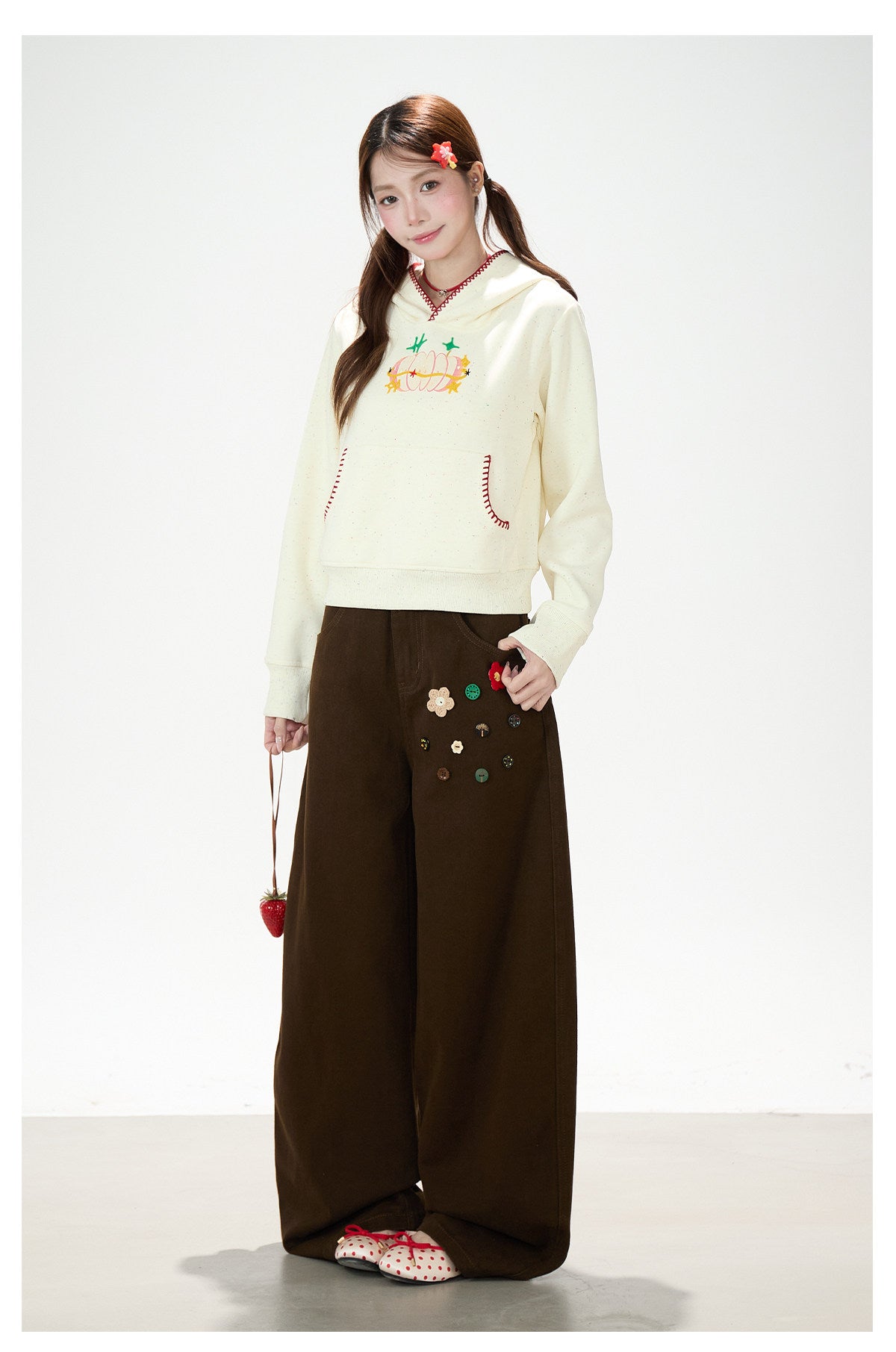 Apple Embroidered Hoodie & Floral Wide-Leg Sweatpants