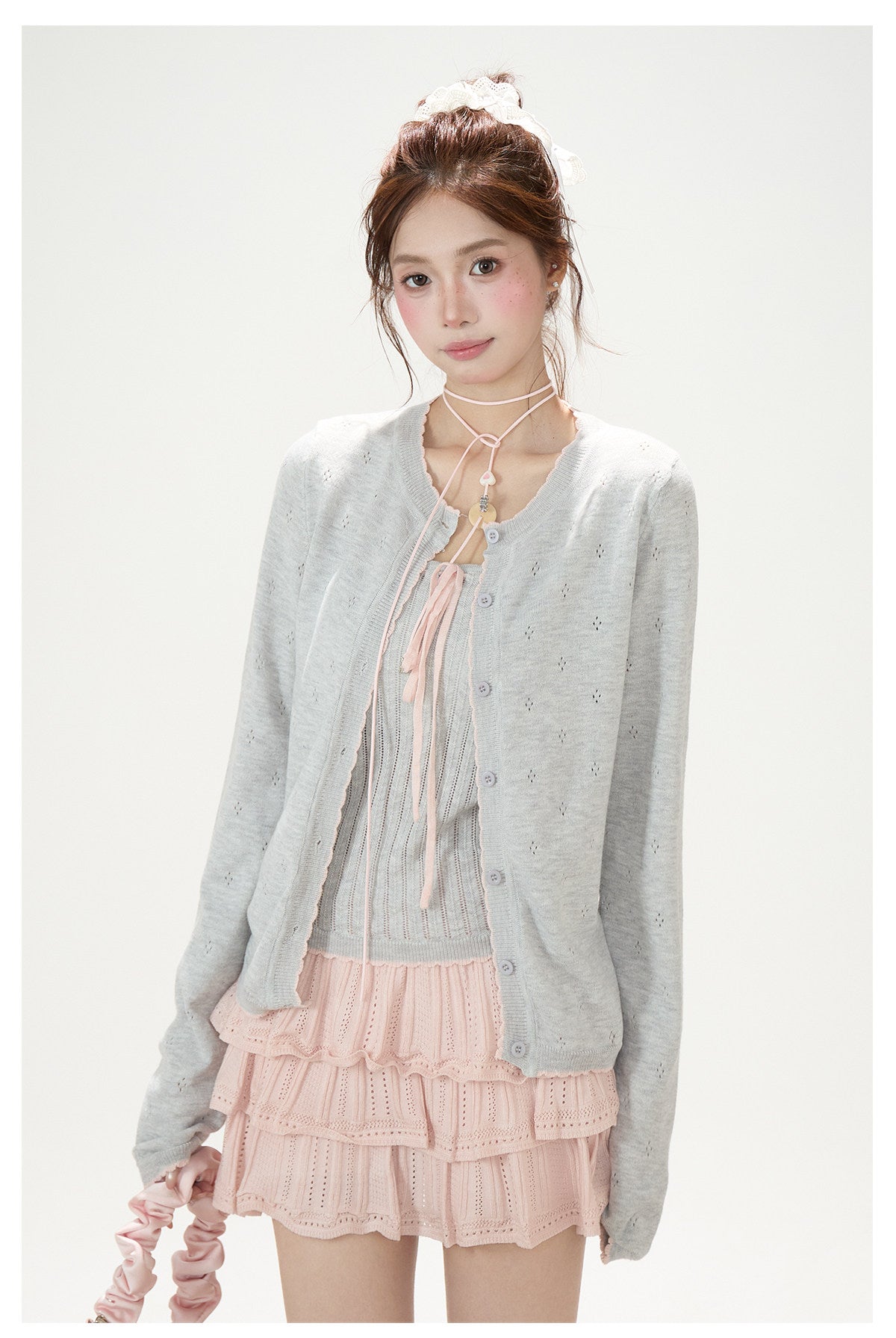 Pointelle Bow Cardigan & Cami Knit Set & Tiered Ruffle Mini Skirt