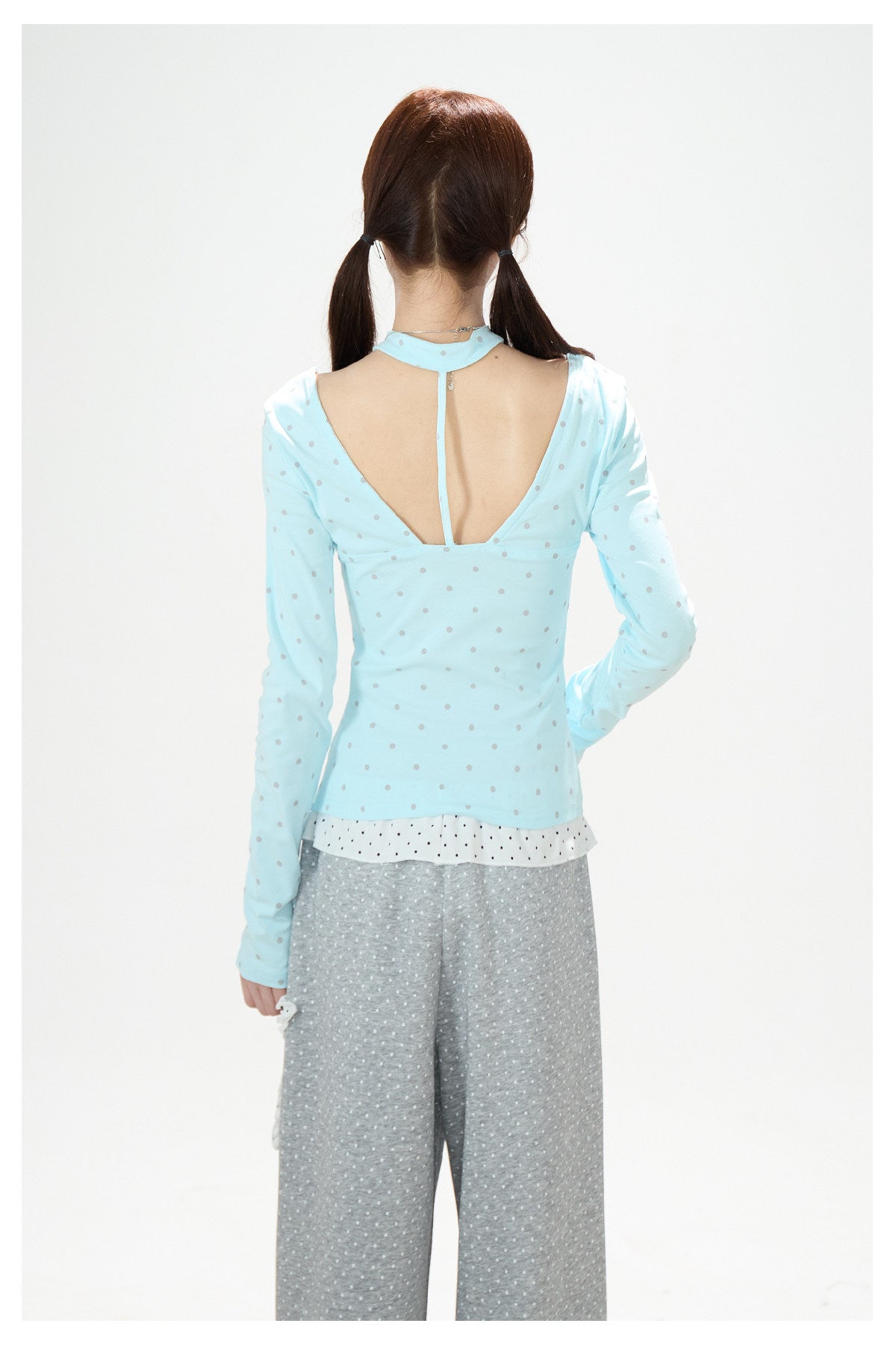 Polka-Dot V-Neck Long Sleeve Top & Lace Star Wide-Leg Pants