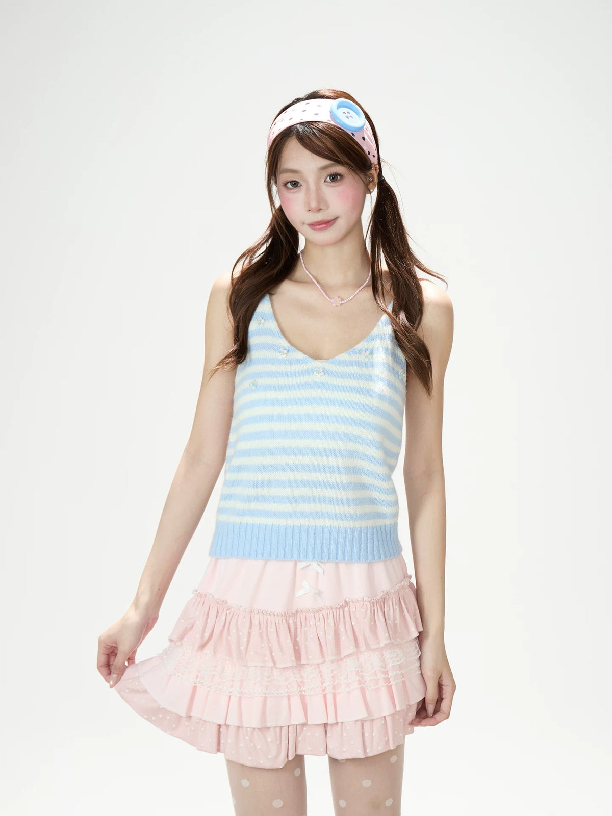 Soft Stripe Knit Vest & Long Sleeve Layered Two-Piece Set