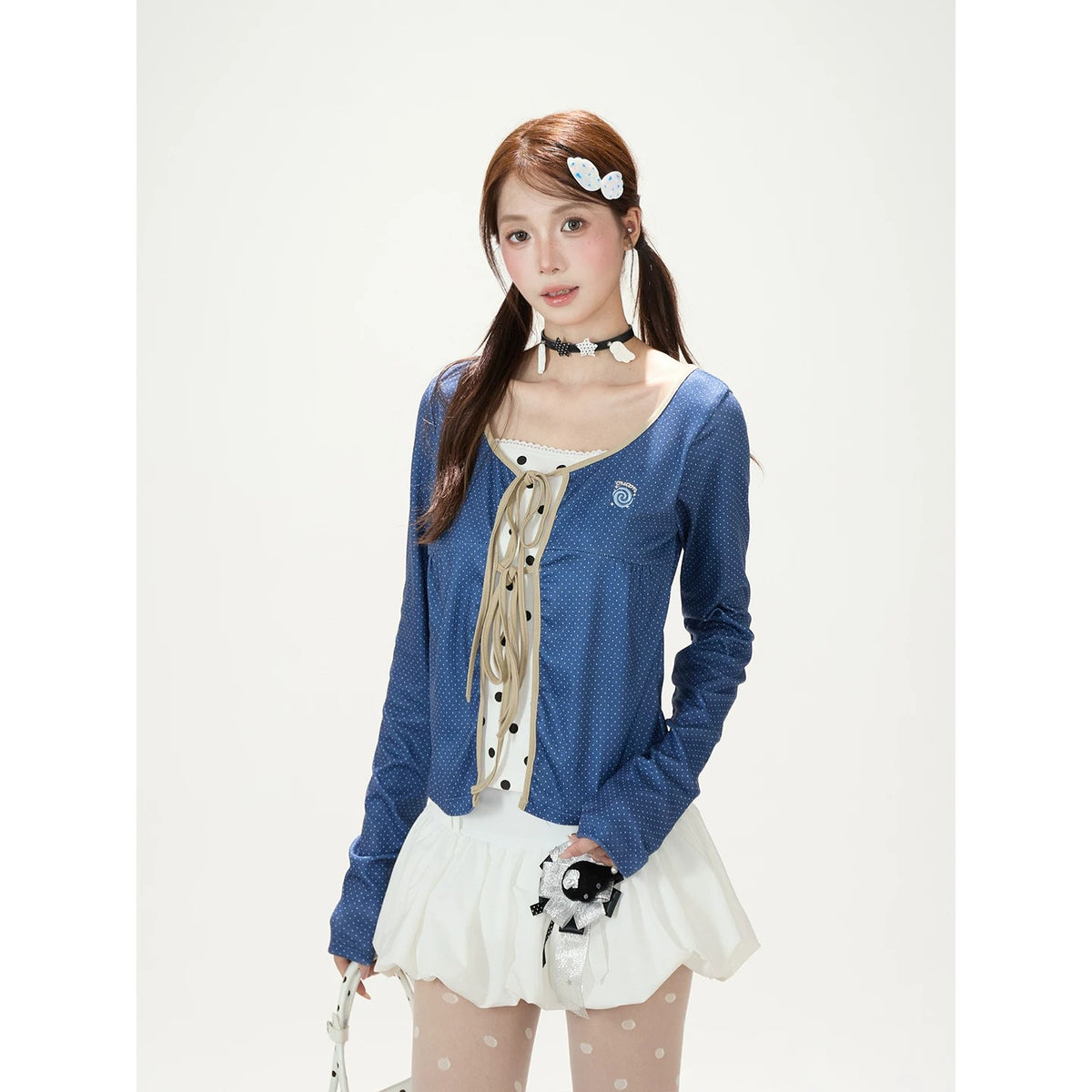 Polka-Dot Tie-Front Layered Long Sleeve Top & Pinstripe Button Wide-Leg Pants