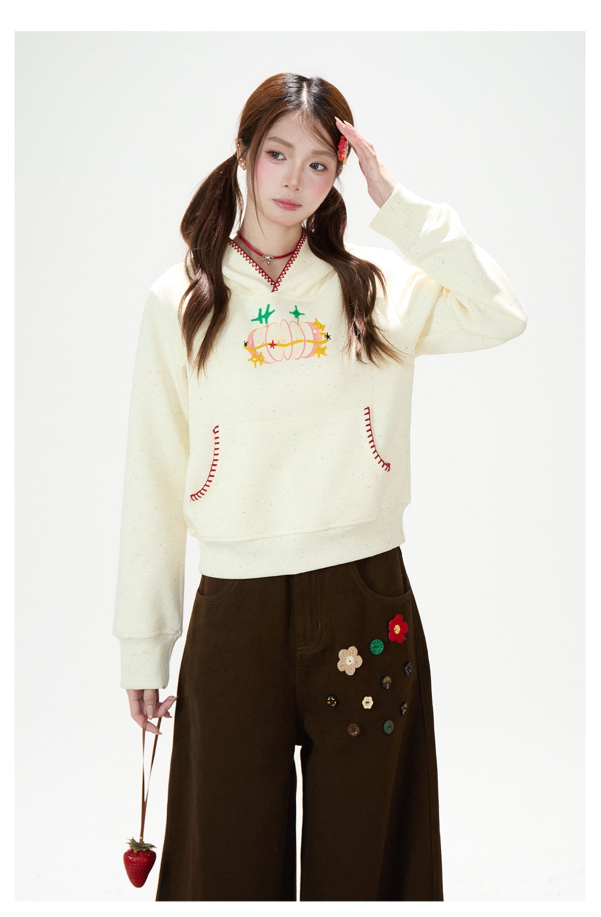 Apple Embroidered Hoodie & Floral Wide-Leg Sweatpants
