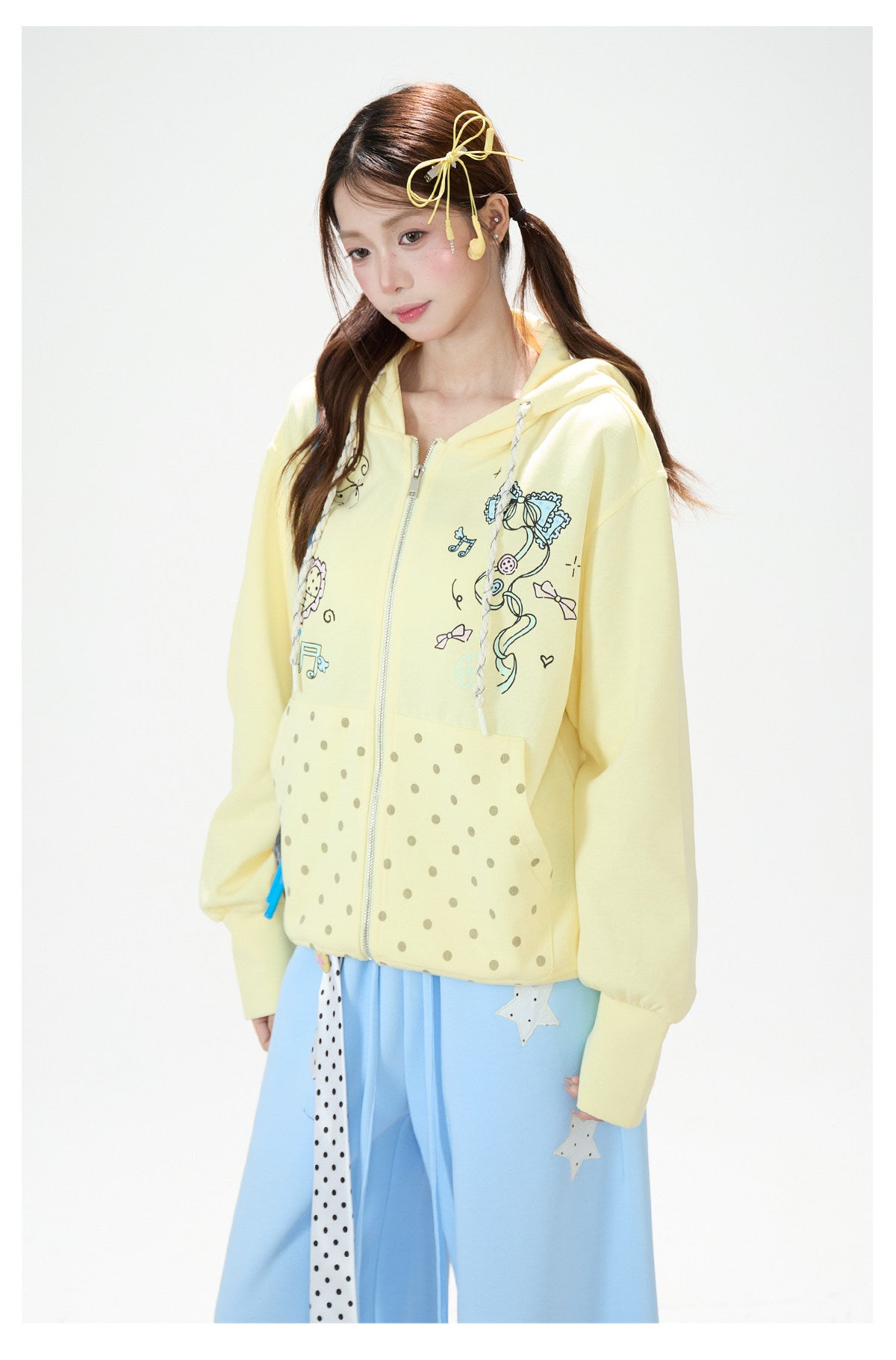 Bow Music Note Polka-Dot Zip-Up Hoodie & Blue Star Wide-Leg Pants
