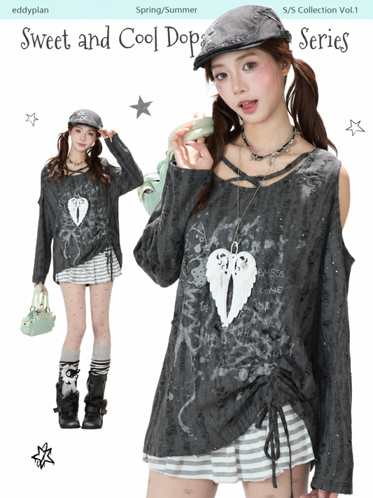Distressed Cold-Shoulder Graphic Long Sleeve Top & Striped Drawstring Ruffle Mini Skirt