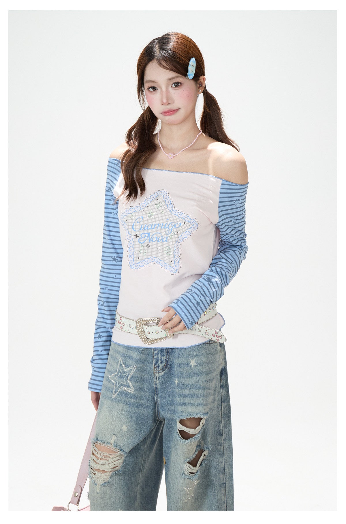 Star Stripe Off-Shoulder Long Sleeve Top & Graphic Star Wide-Leg Pants