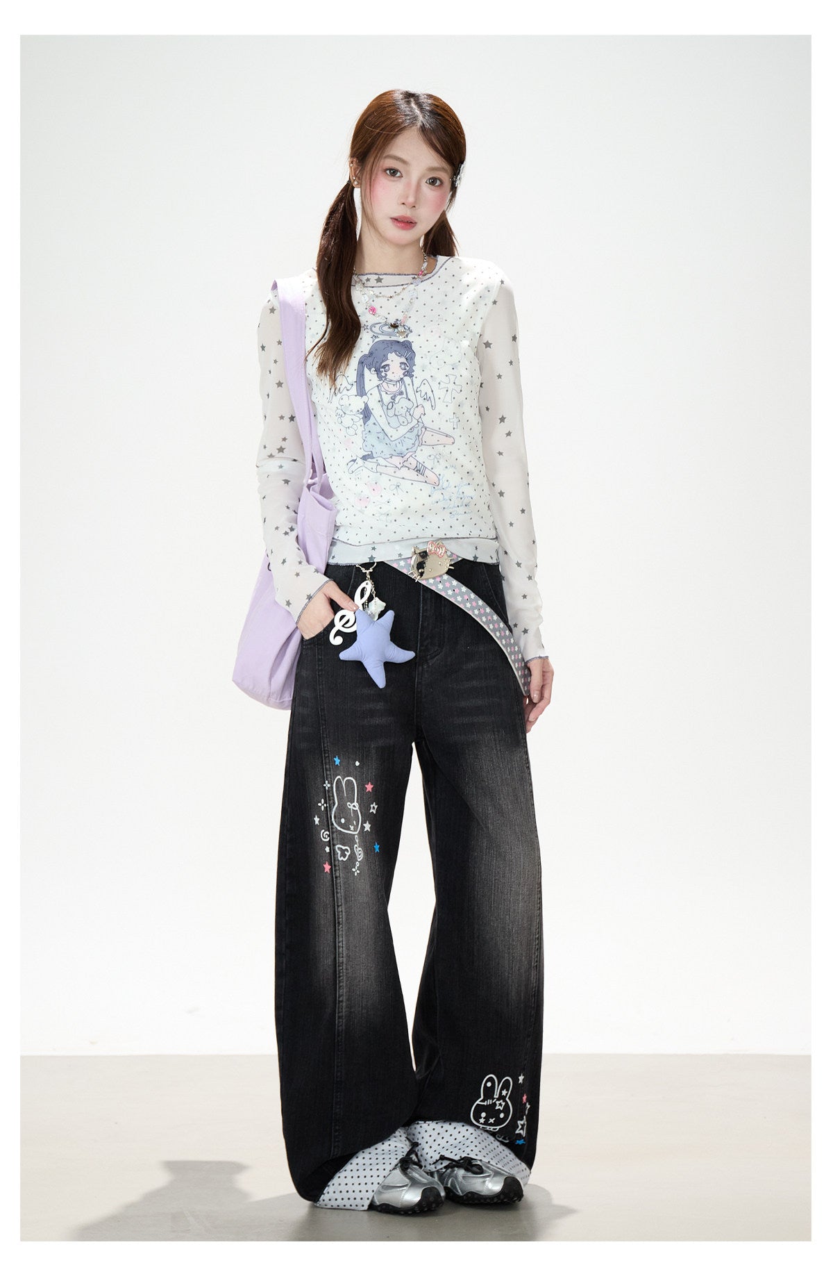 Anime Star Polka-Dot Mesh Long Sleeve Top & Bunny Graphic Wide-Leg Jeans