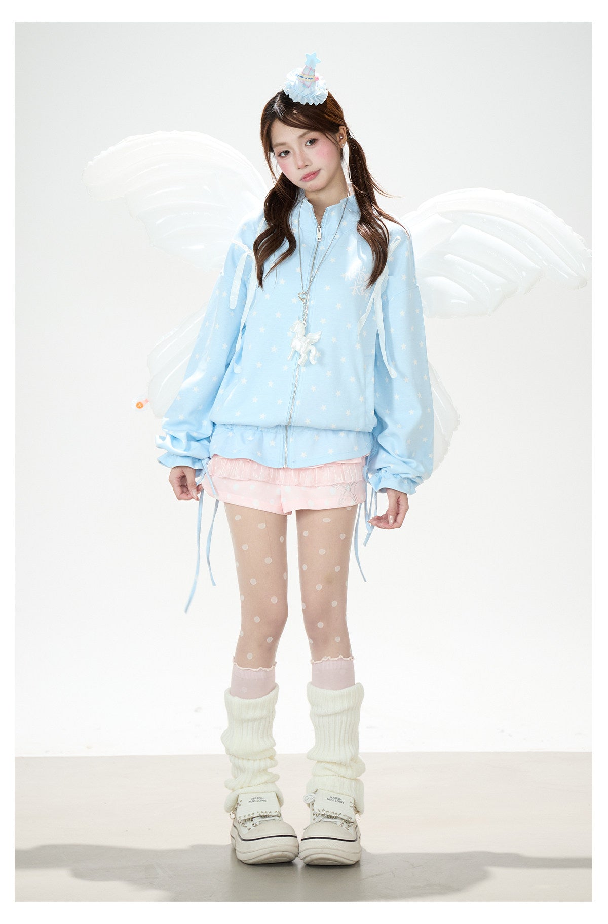 Allover Star Zip-Up Sweatshirt Jacket & Blue Plaid Tiered Midi Skirt