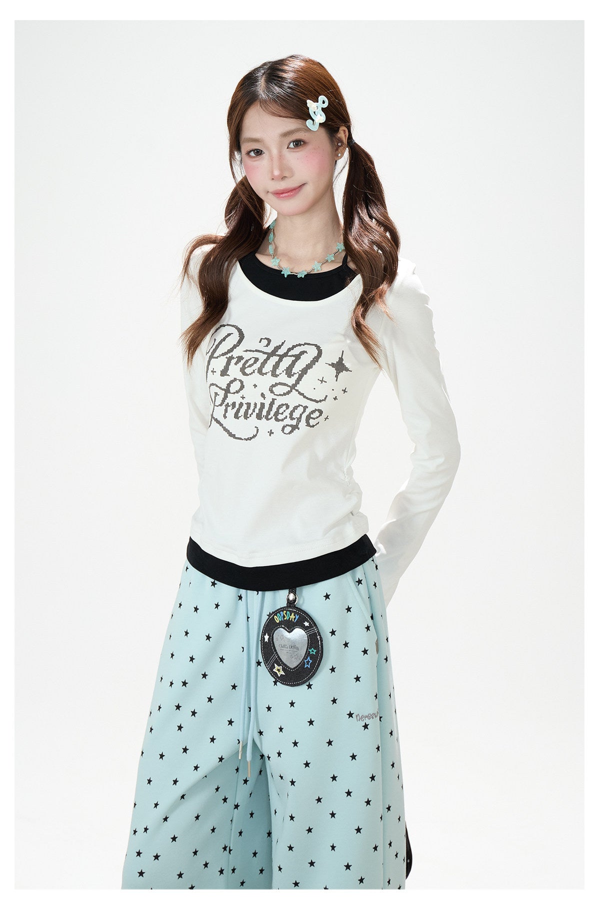 Contrast Halter Layered Long Sleeve Top & Allover Star Wide-Leg Sweatpants