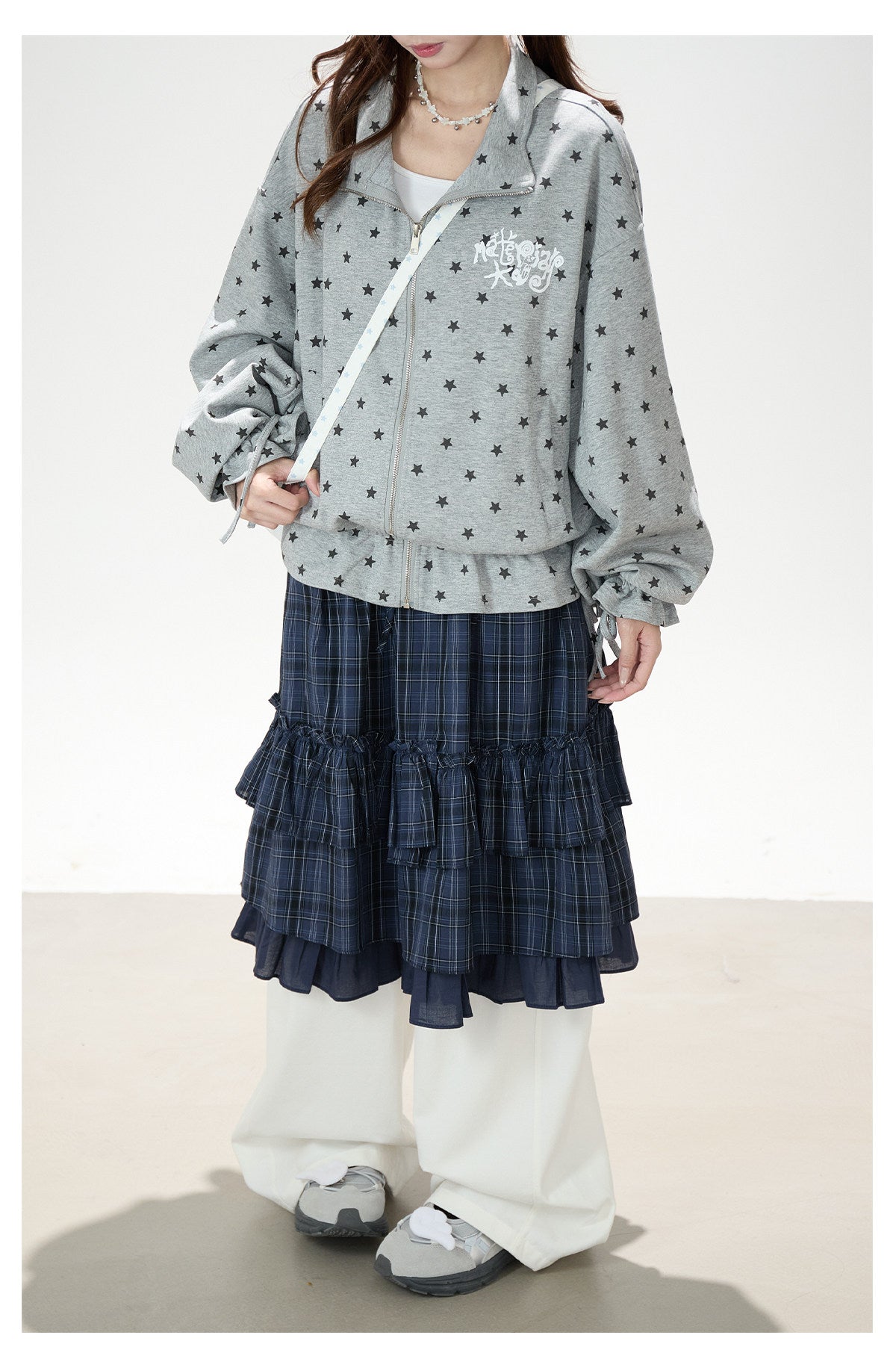 Allover Star Zip-Up Sweatshirt Jacket & Blue Plaid Tiered Midi Skirt