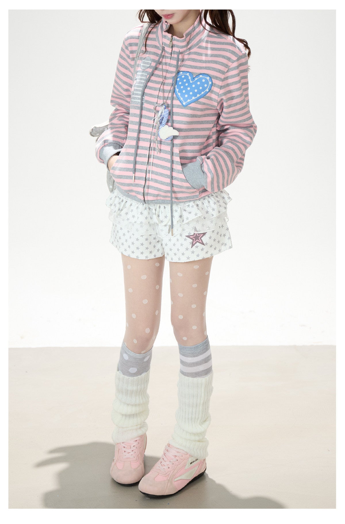 Heart Stripe Zip-Up Sweatshirt Jacket & White Star Shorts