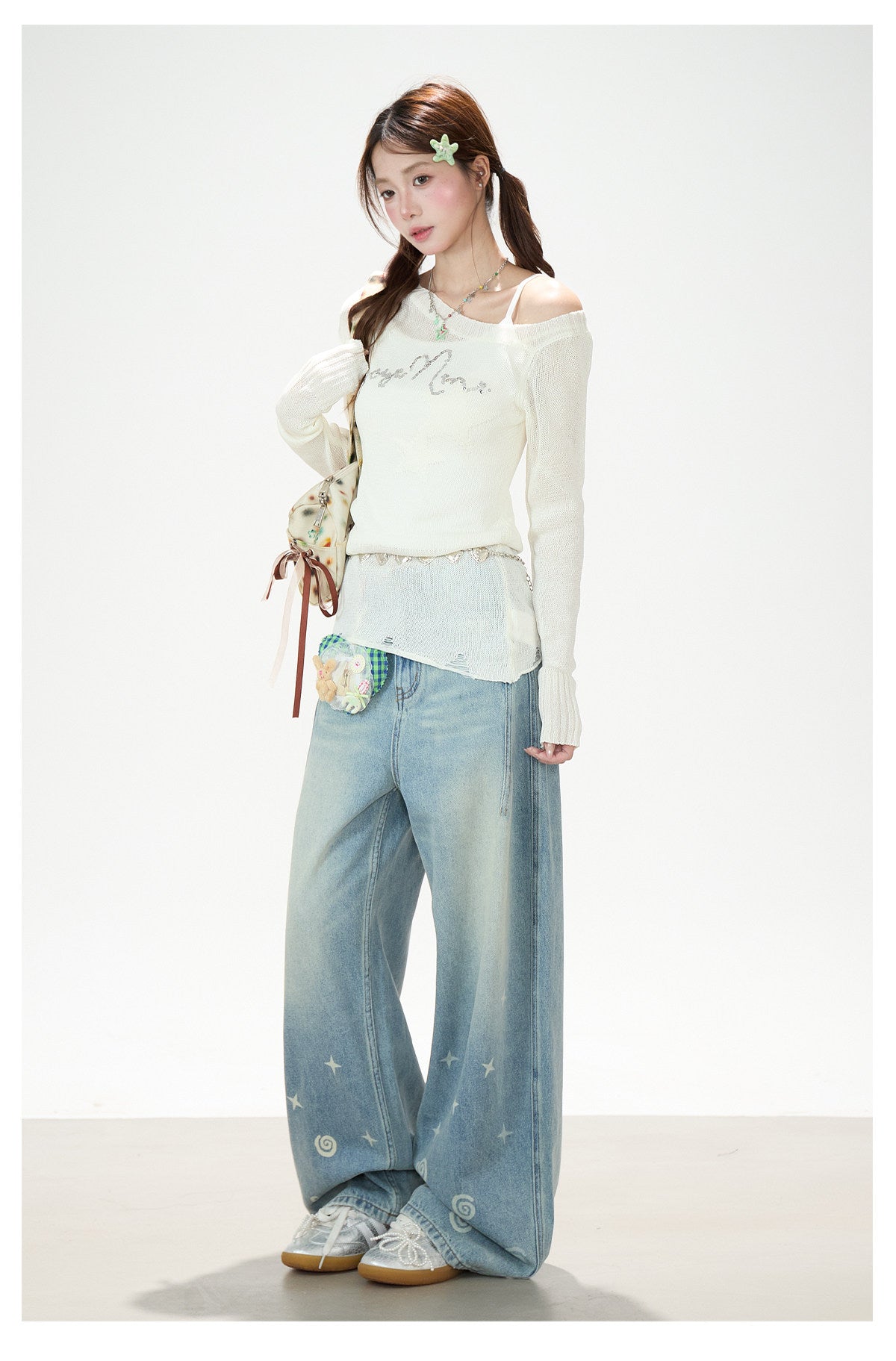 Playful Star Print Washed Wide-Leg Jeans