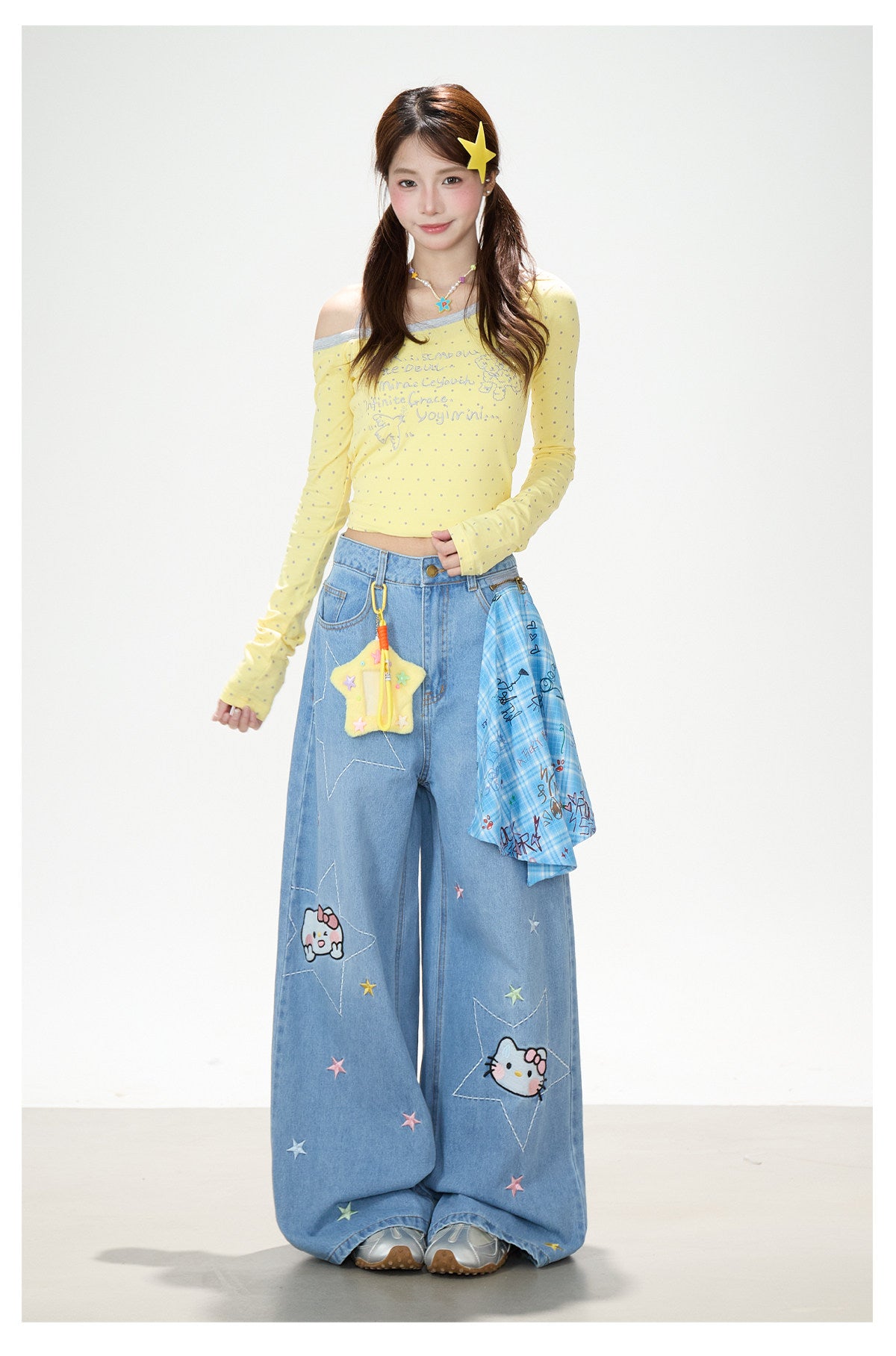Polka-Dot Halter Off-Shoulder Long Sleeve Top & Wing Lace Wide-Leg Cargo Pants