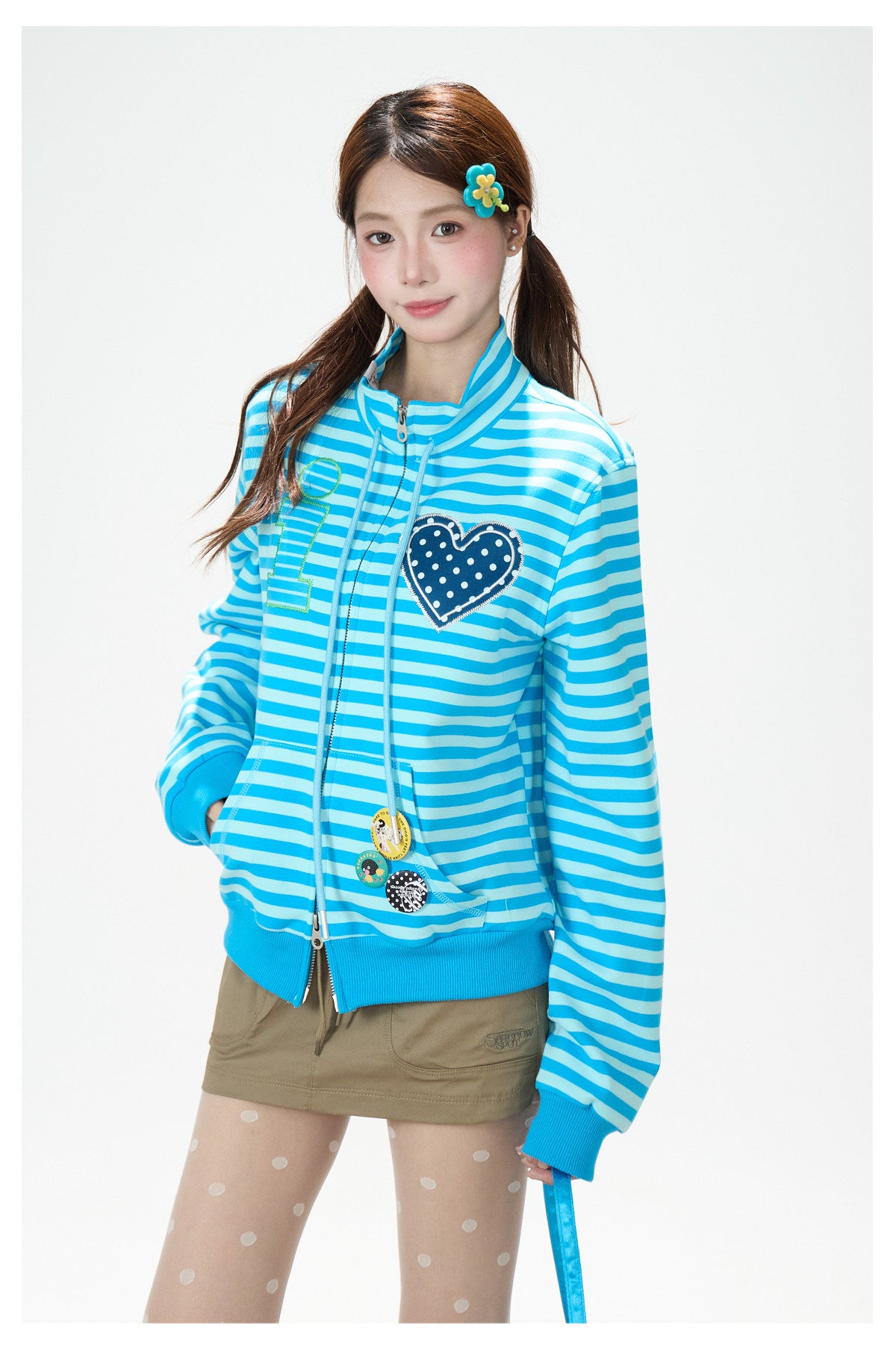 Heart Stripe Zip-Up Sweatshirt Jacket & White Star Shorts