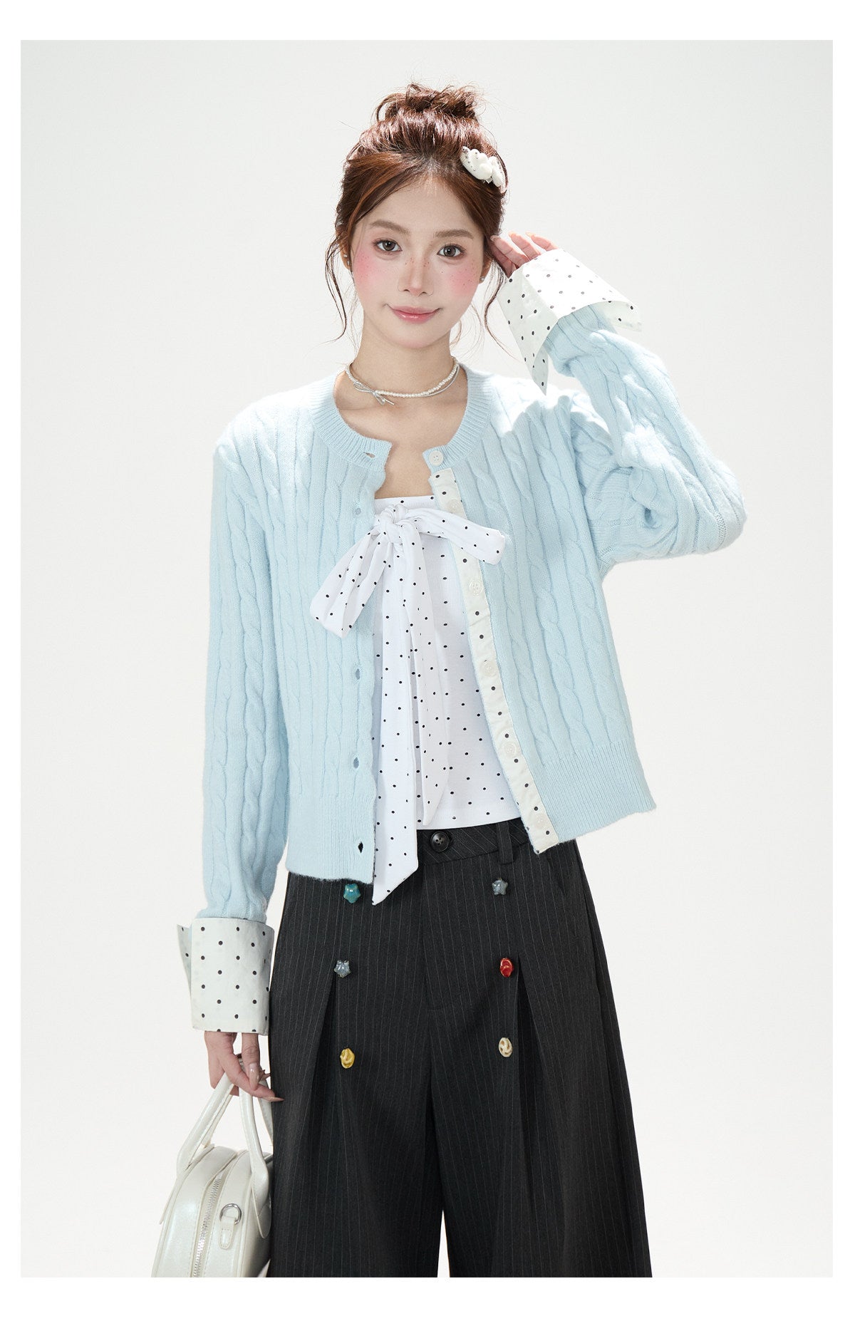 Polka-Dot Bow Knit Cardigan & Black Pinstripe Wide-Leg Pants