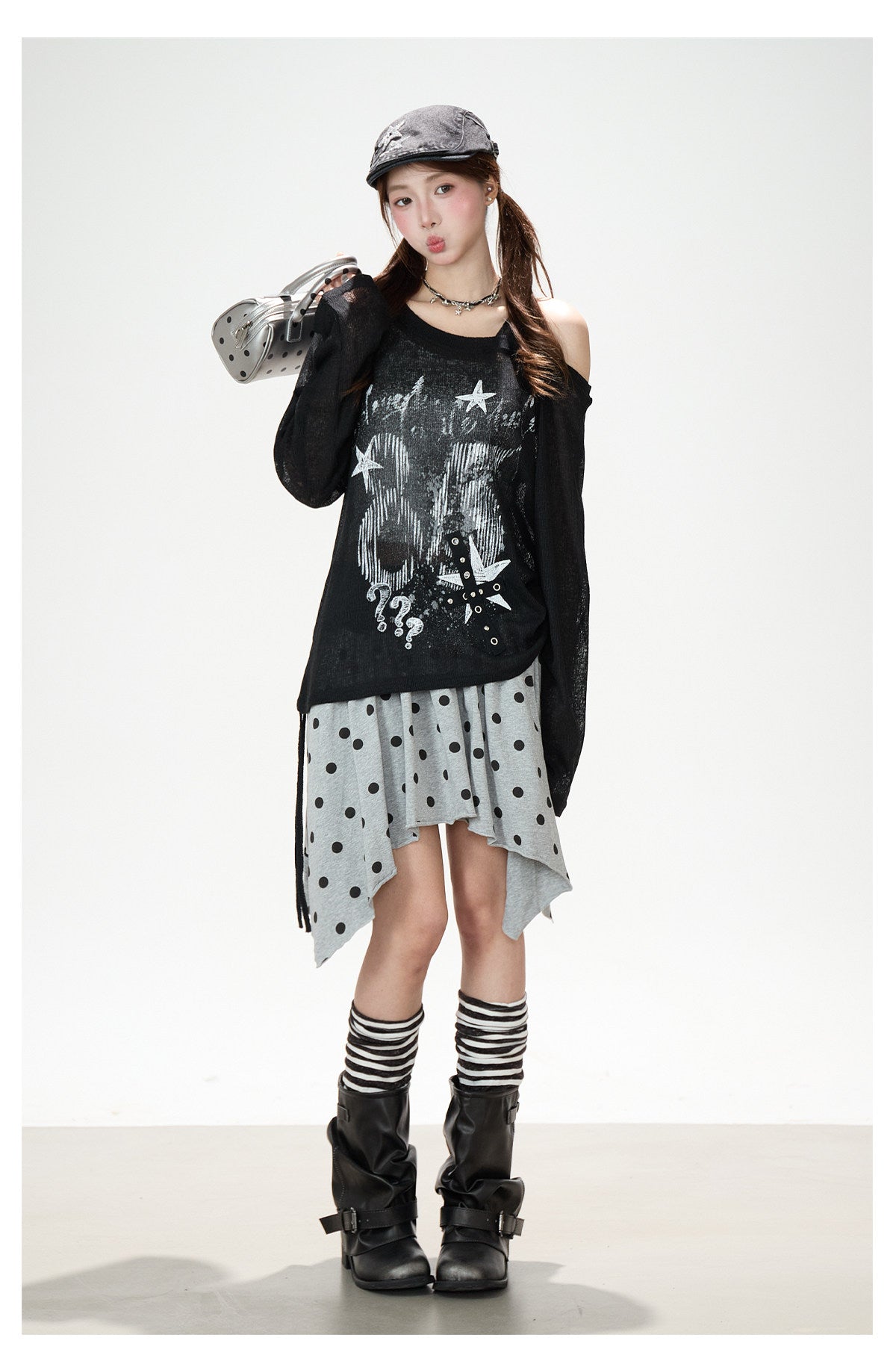 Dark Graffiti Off-Shoulder Long Sleeve Top & Asymmetric Polka-Dot Mini Skirt