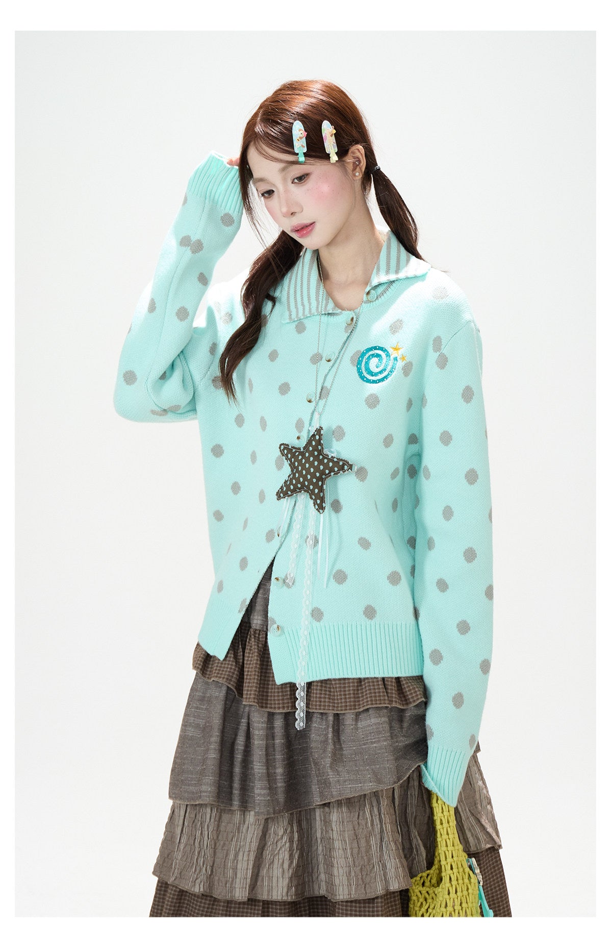 Polka-Dot Asymmetric Knit Cardigan & Tiered Midi Skirt