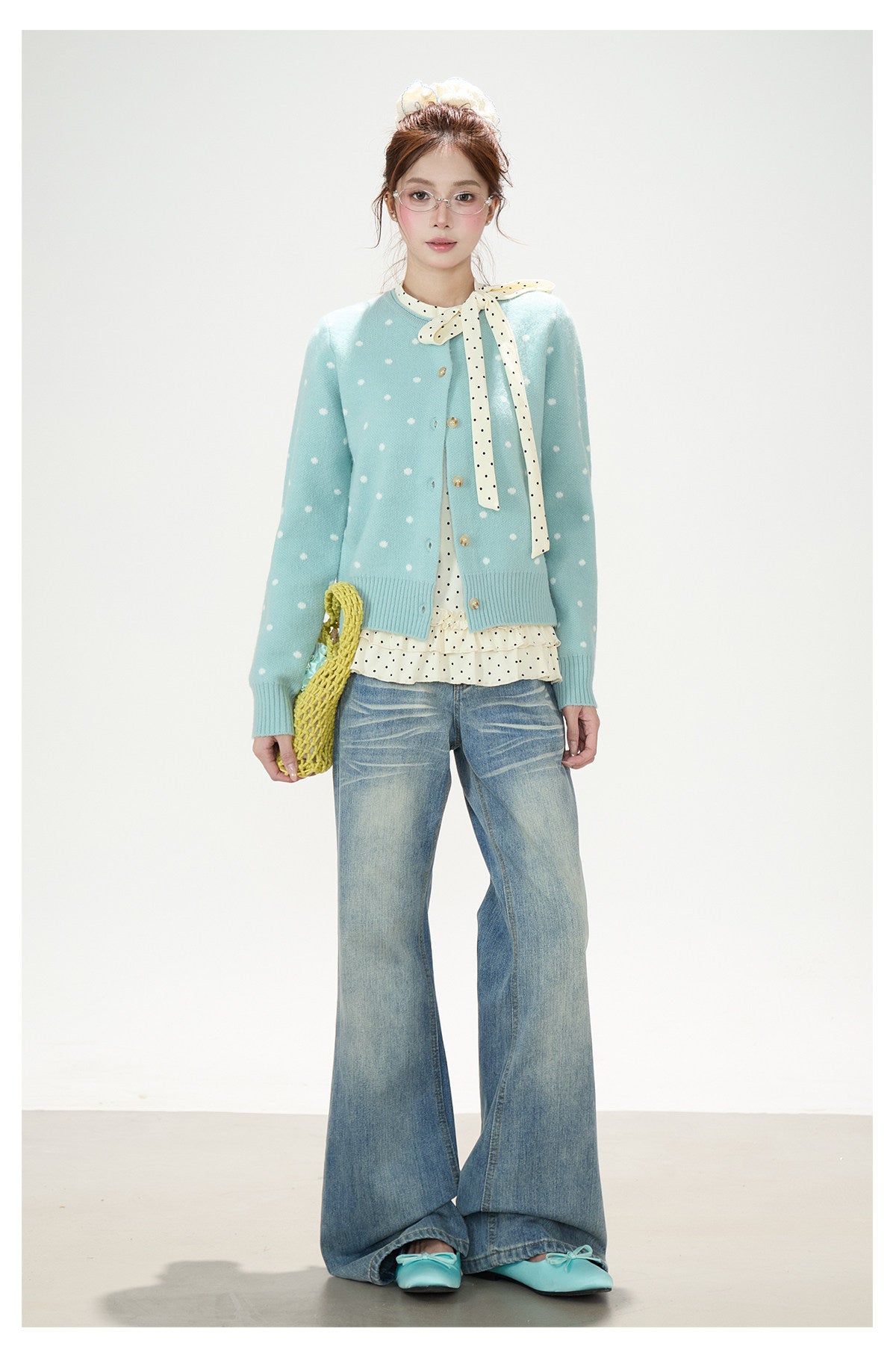 Polka-Dot Jacquard Knit Cardigan & Washed Flare Jeans