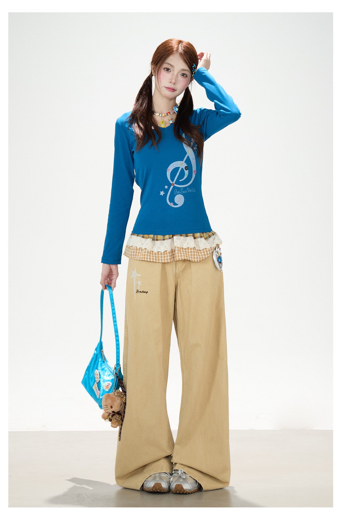 Music Note Star Button V-Neck Long Sleeve Top & Pink Stripe Wide-Leg Pants