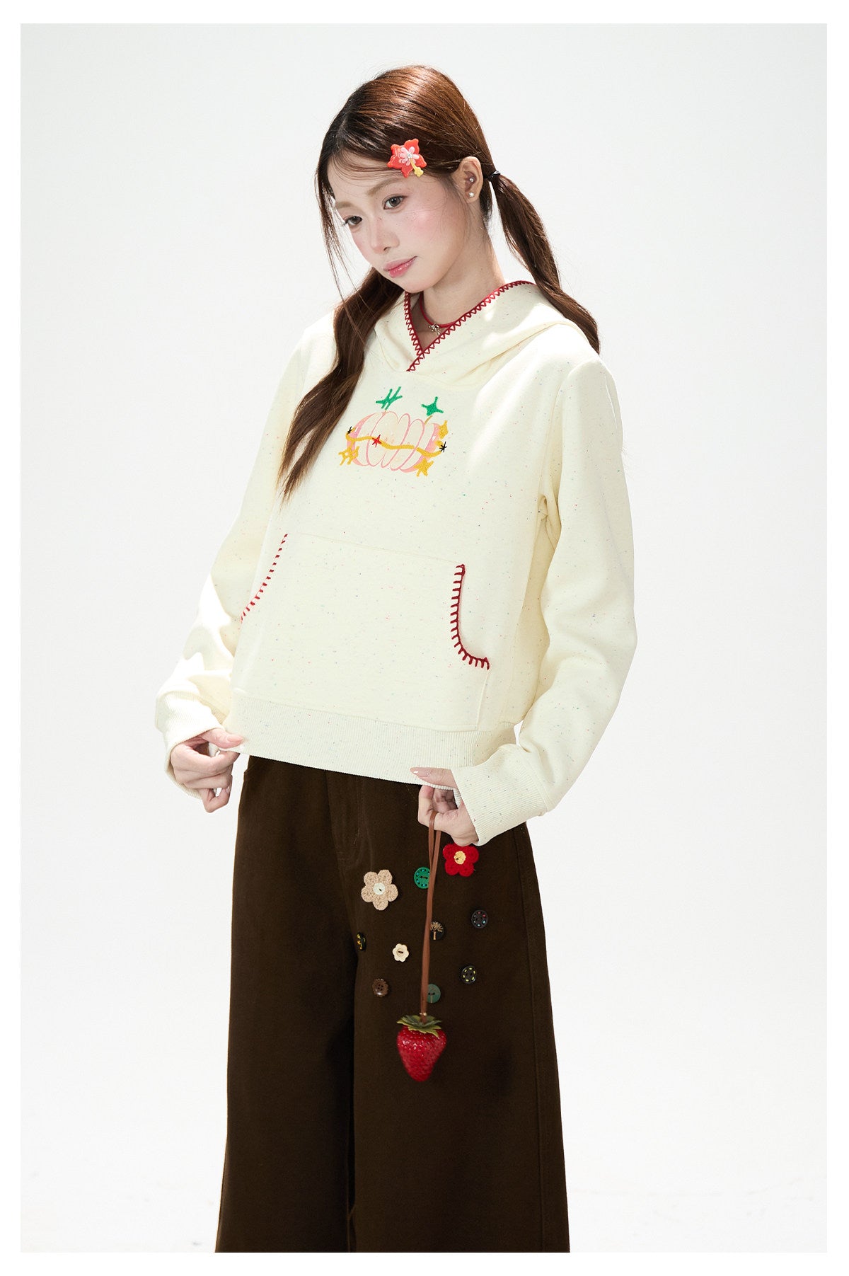 Apple Embroidered Hoodie & Floral Wide-Leg Sweatpants