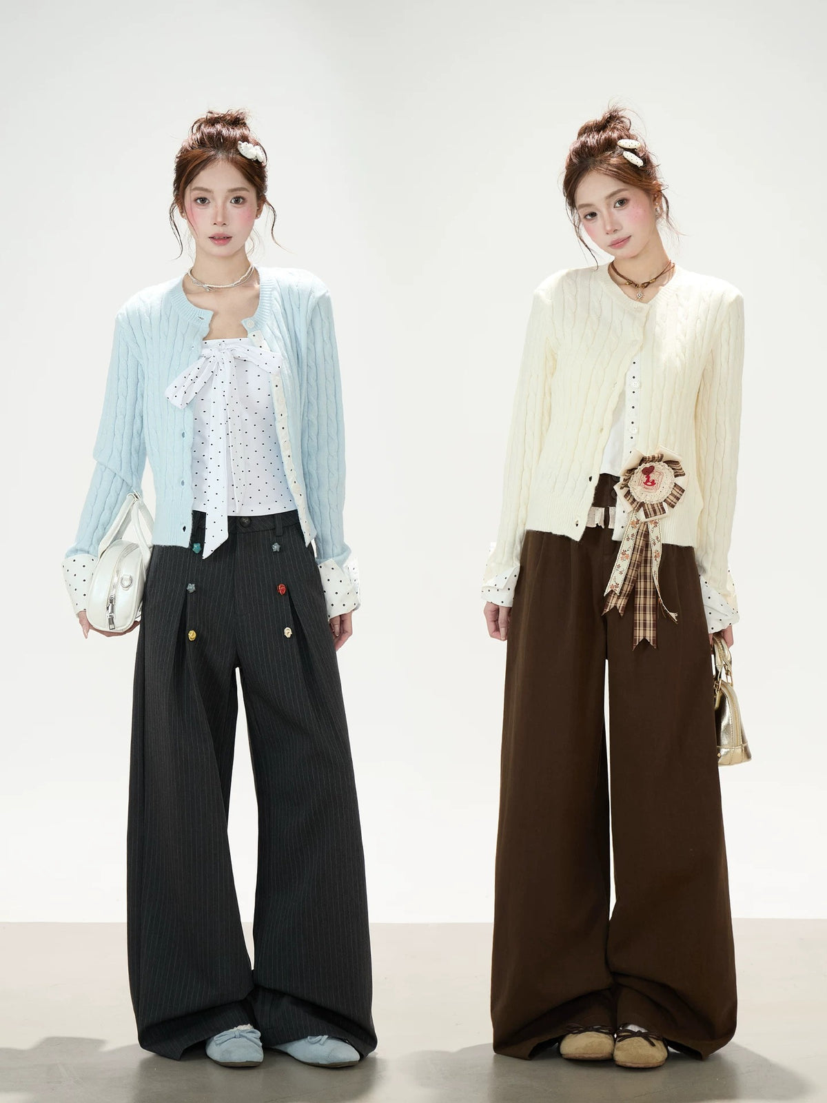 Polka-Dot Bow Knit Cardigan & Black Pinstripe Wide-Leg Pants