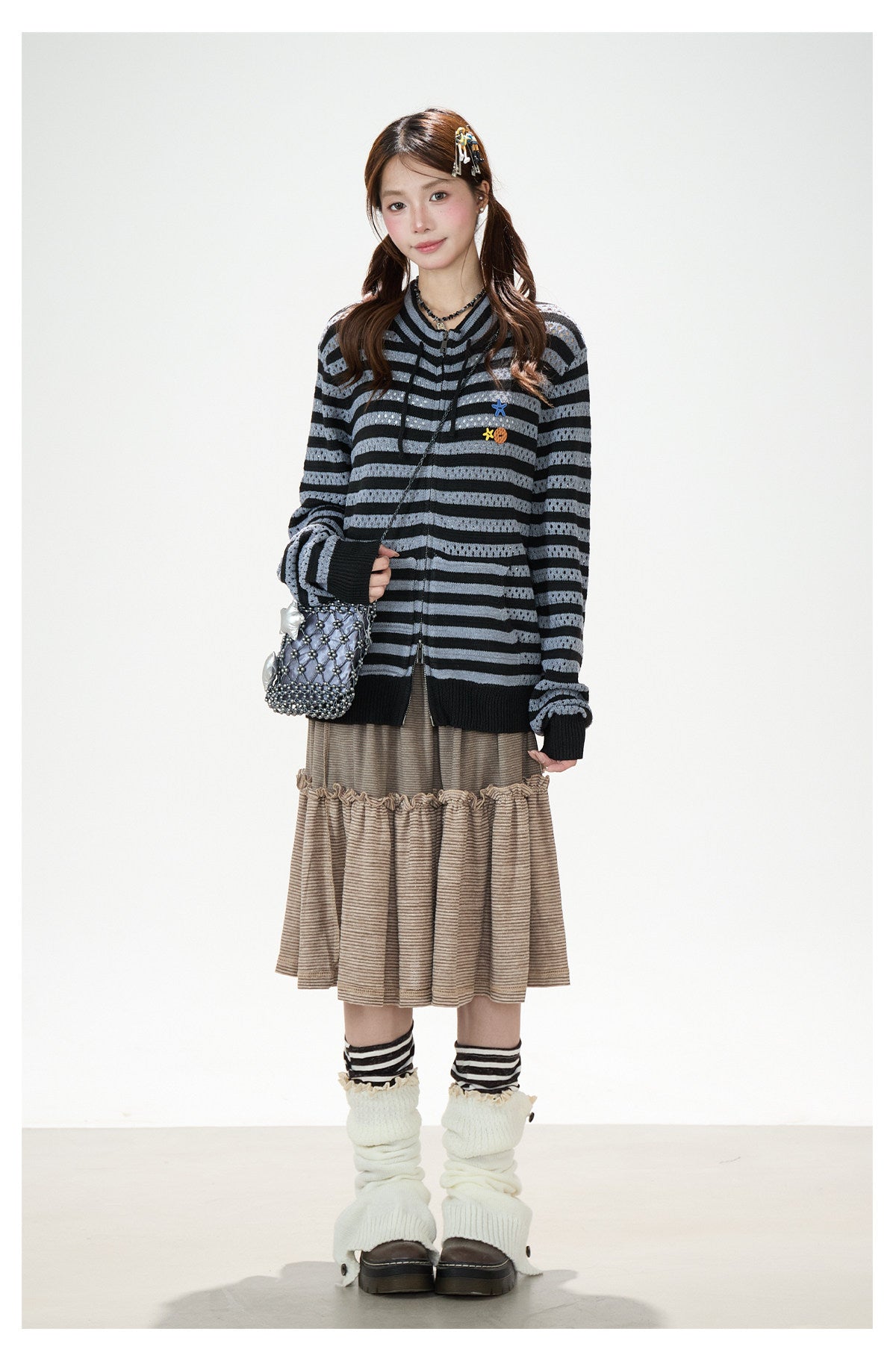 Striped Openwork Knit Cardigan & Black Polka-Dot Pleated Midi Skirt