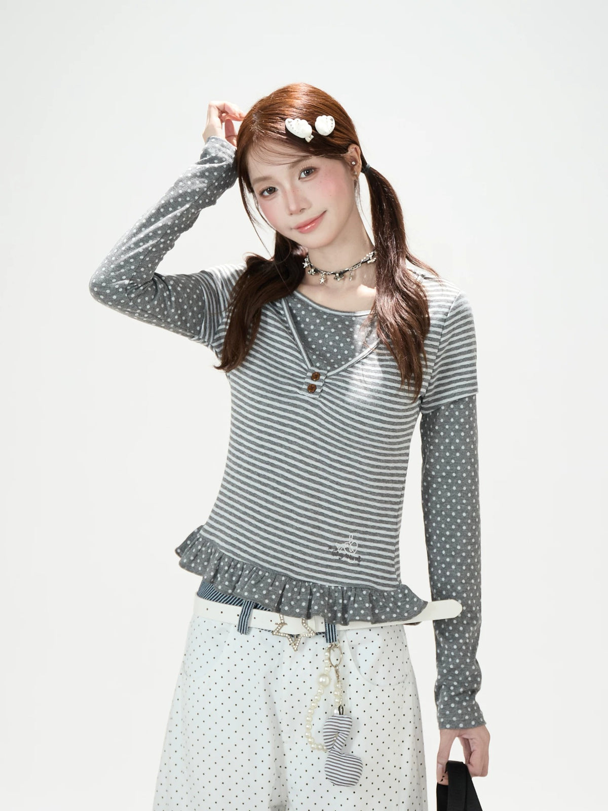 Polka-Dot Stripe Layered Long Sleeve Top & Embroidered Khaki Wide-Leg Cargo Pants